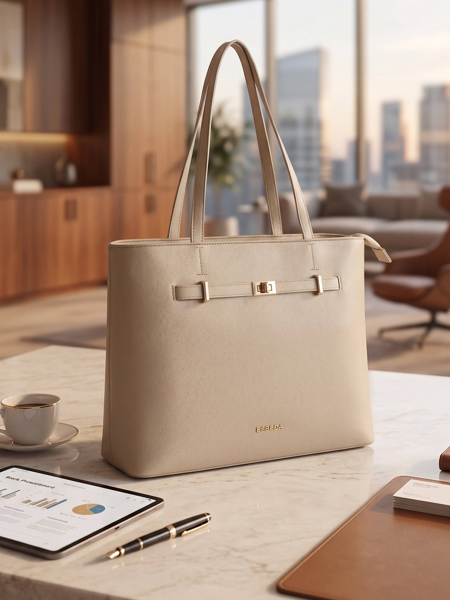 ESBEDA Beige Regal Structured Tote Bag for Womens (L)