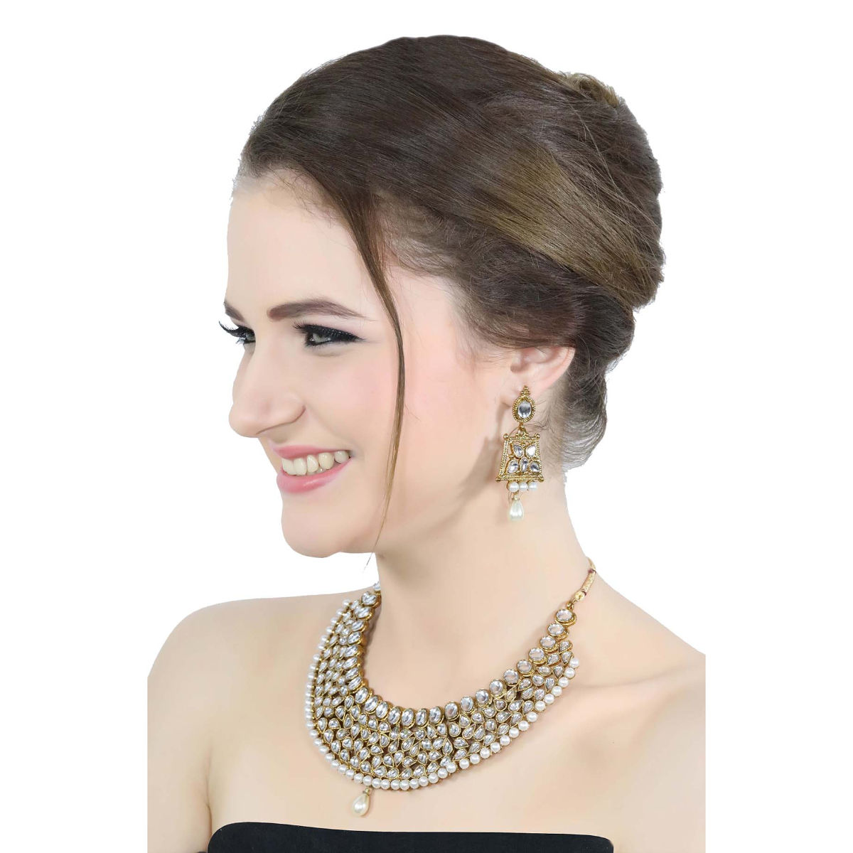 Zaveri Pearls Antique Gold Tone Traditional Kundan & Pearls Necklace & Earring Set - ZPFK4296