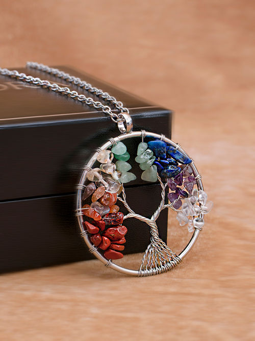 Peora Chakra Rainbow Tree of Life Crystal Wire Wrapped Gemstone Necklace  Girls (PFCP75)