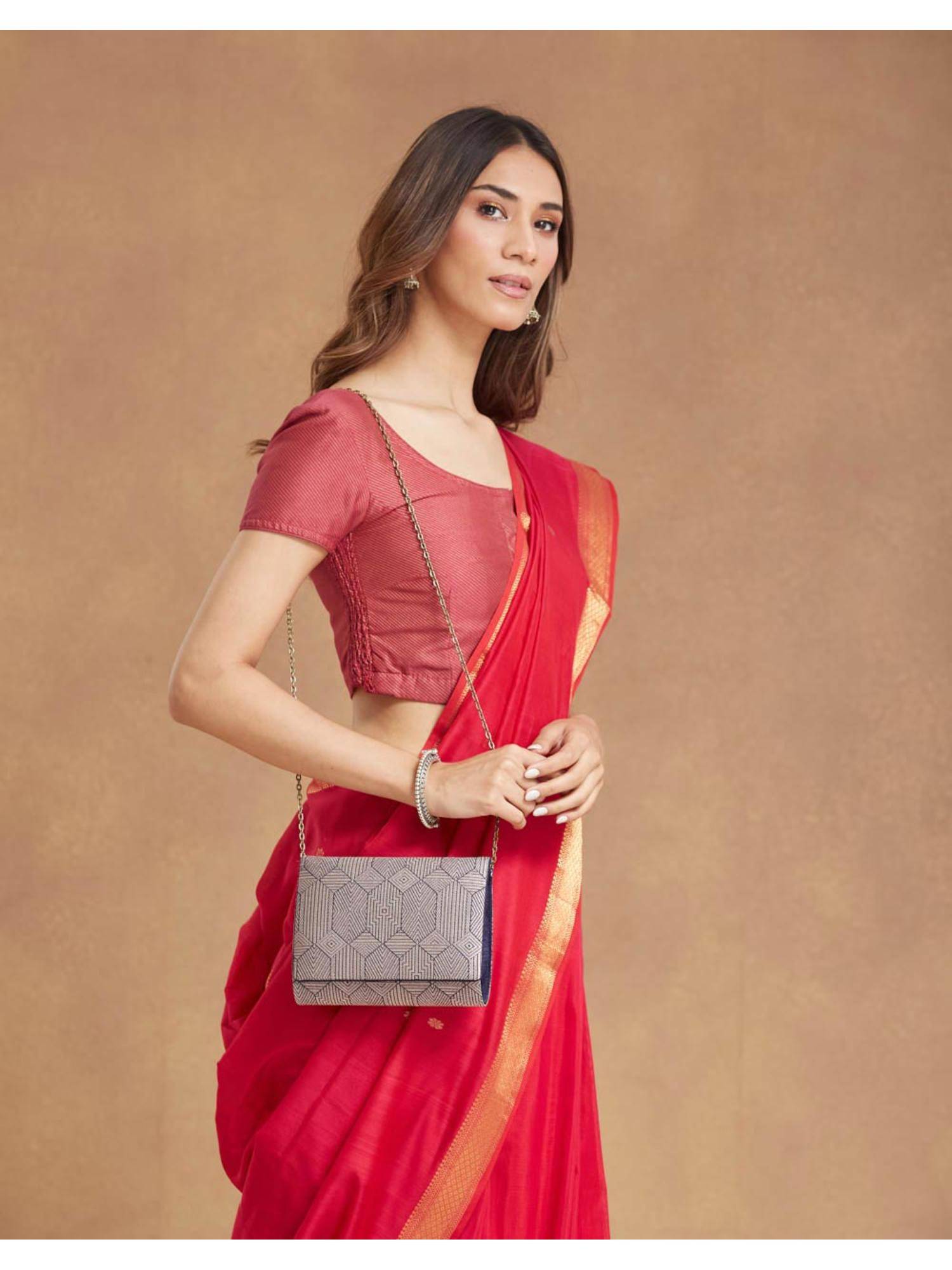 Fabindia Blue Silk Blend Clutch with Detachable Strap (M)