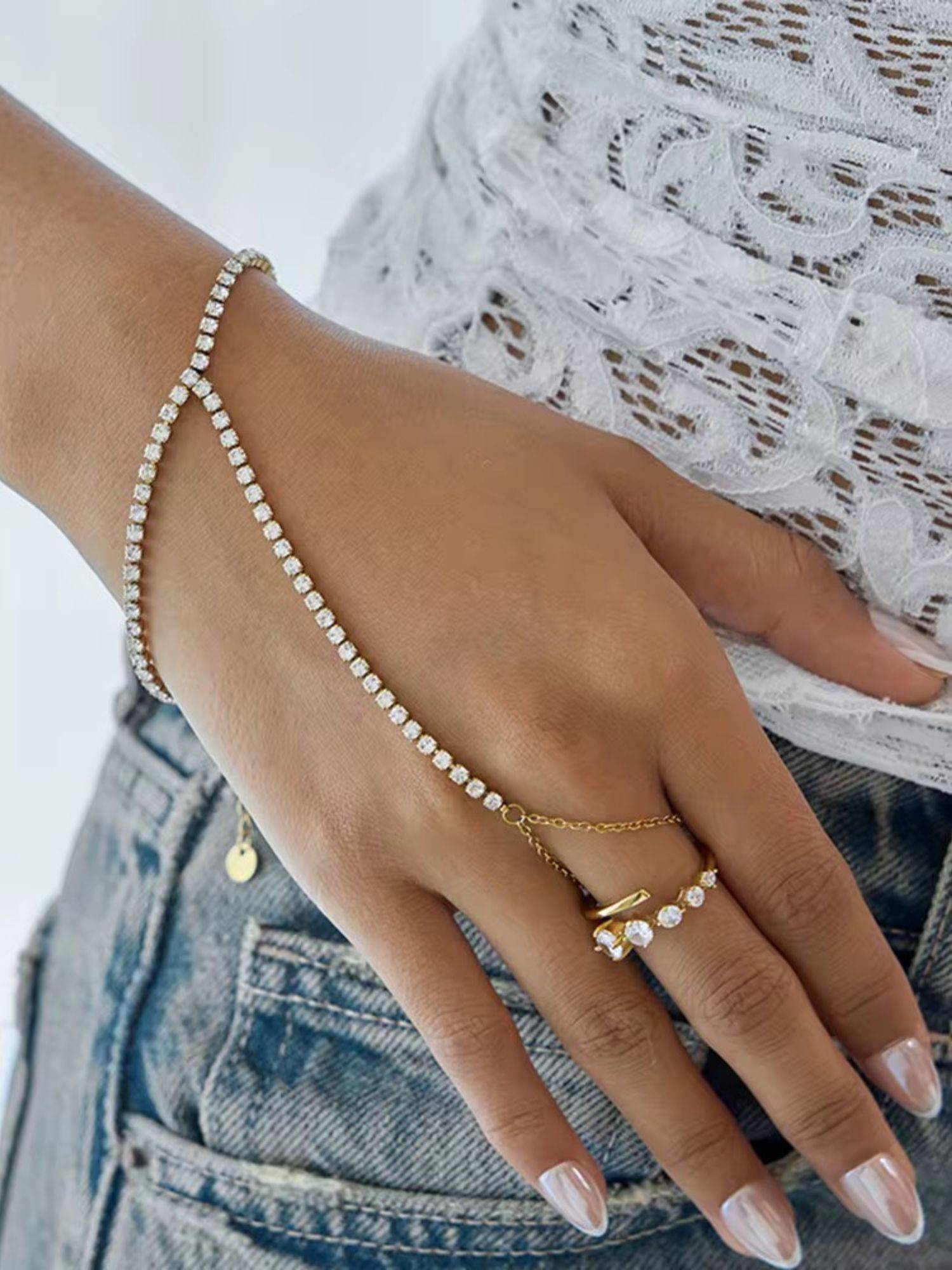 Inaya Accessories 18K Gold Plated Tennis Finger Bracelet, Esha