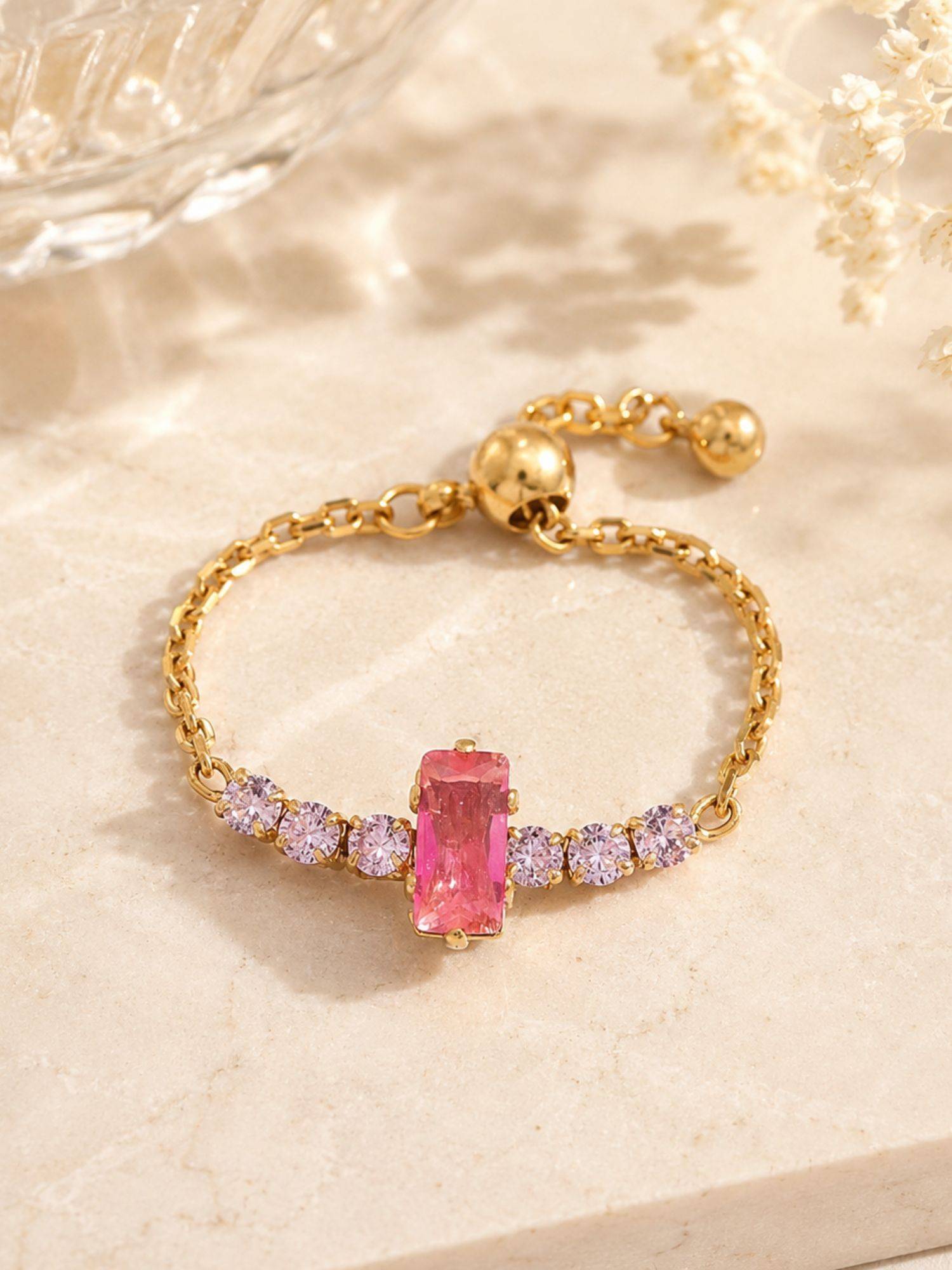 Inaya Accessories 18K Gold Plated Adjustable Crystal Chain Ring, Ria