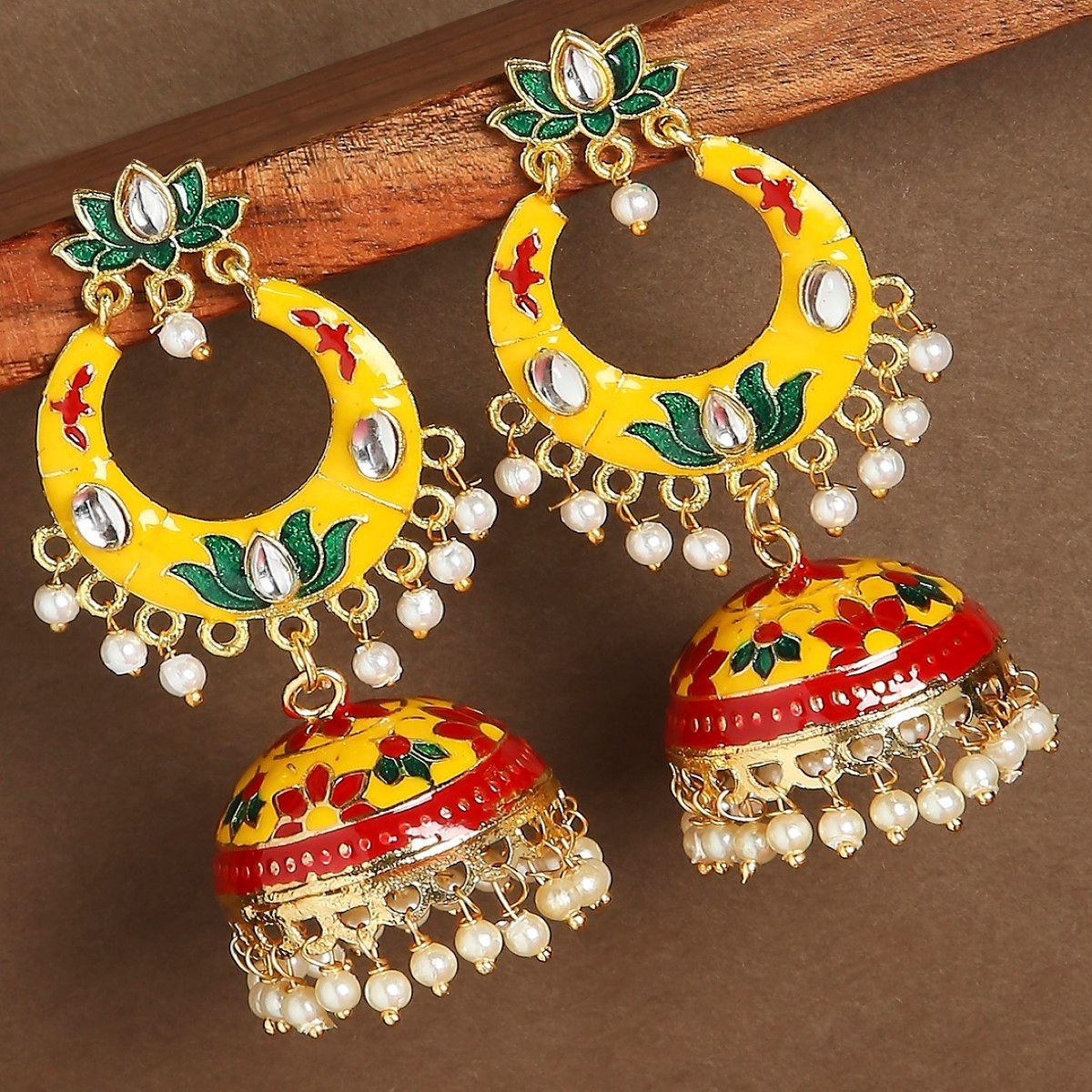 OOMPH Yellow Meenakari Enamel Floral Jhumka Earrings: Buy OOMPH ...