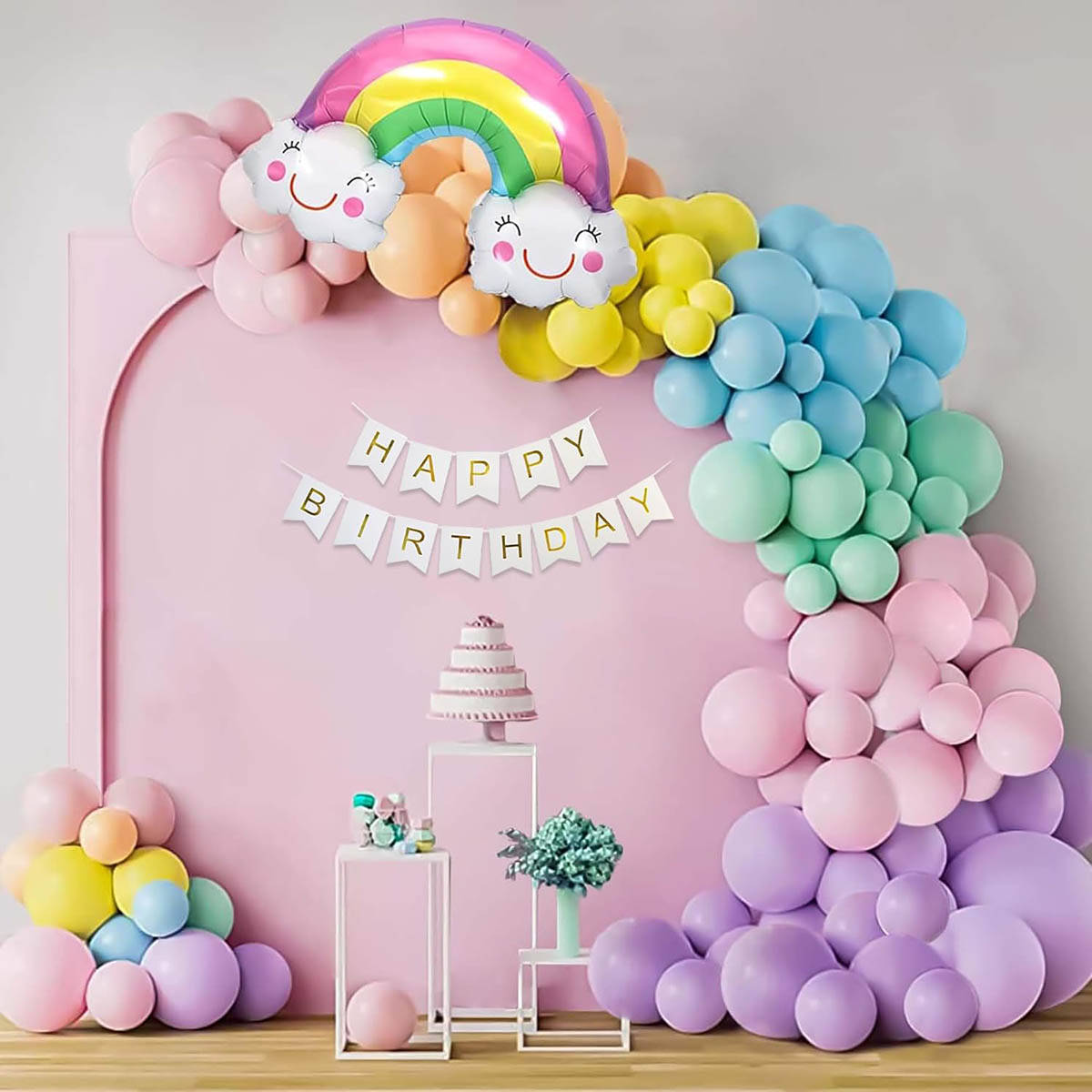 Special You 64Pcs Pastel Rainbow Happy Birthday Decoration Diy Combo For Girls & Boys