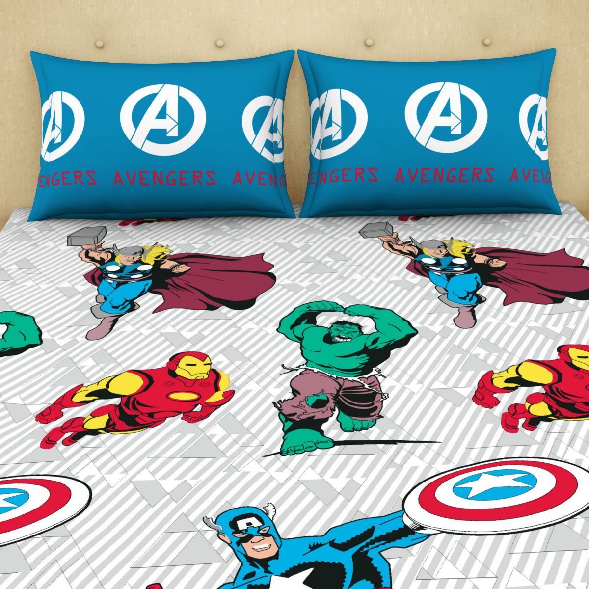 Spaces Marvel Avengers 144 Tc Blue Cotton 1 Queen Bedsheet 2 Pillow