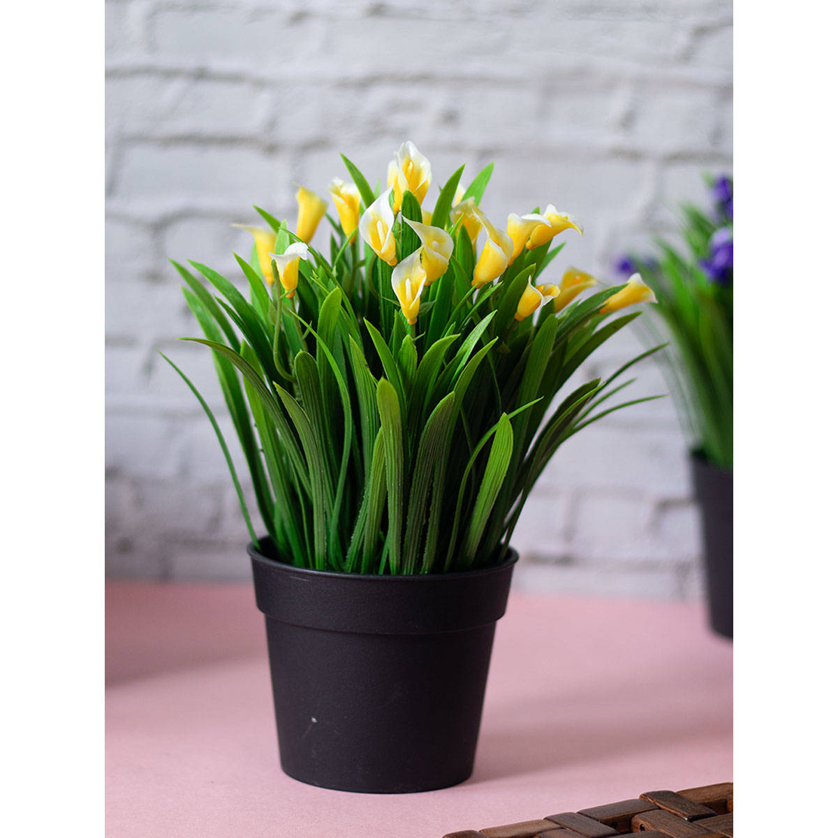 Voncasa Yellow Polyester Artificial Flower With Pot