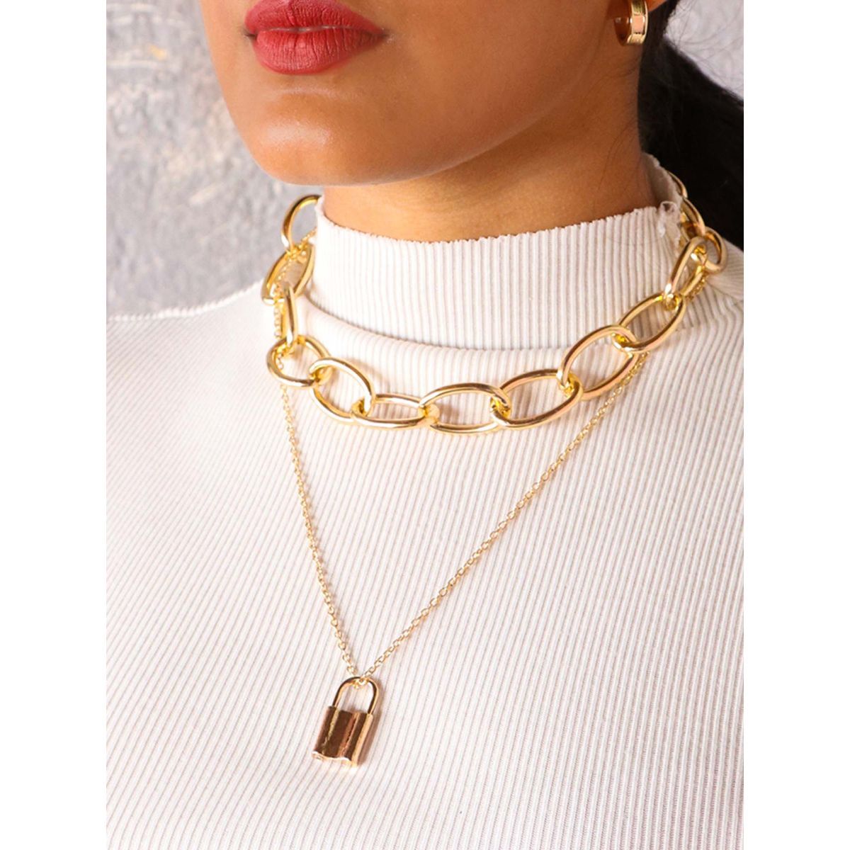 Buy AYESHA Lock And Square Pendant Chain-Link Statement Gold-Toned
