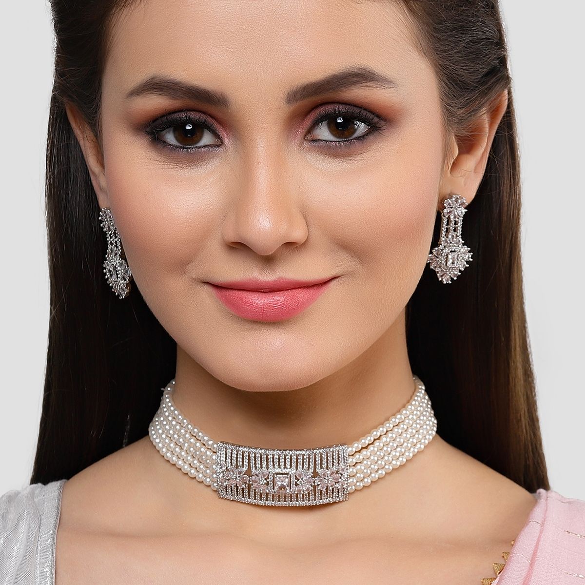 Buy Karatcart Silver Tone Pearl Beaded Cubic Zirconia Choker Buy Karatcart Silver Tone Pearl Beaded Cubic Zirconia Choker