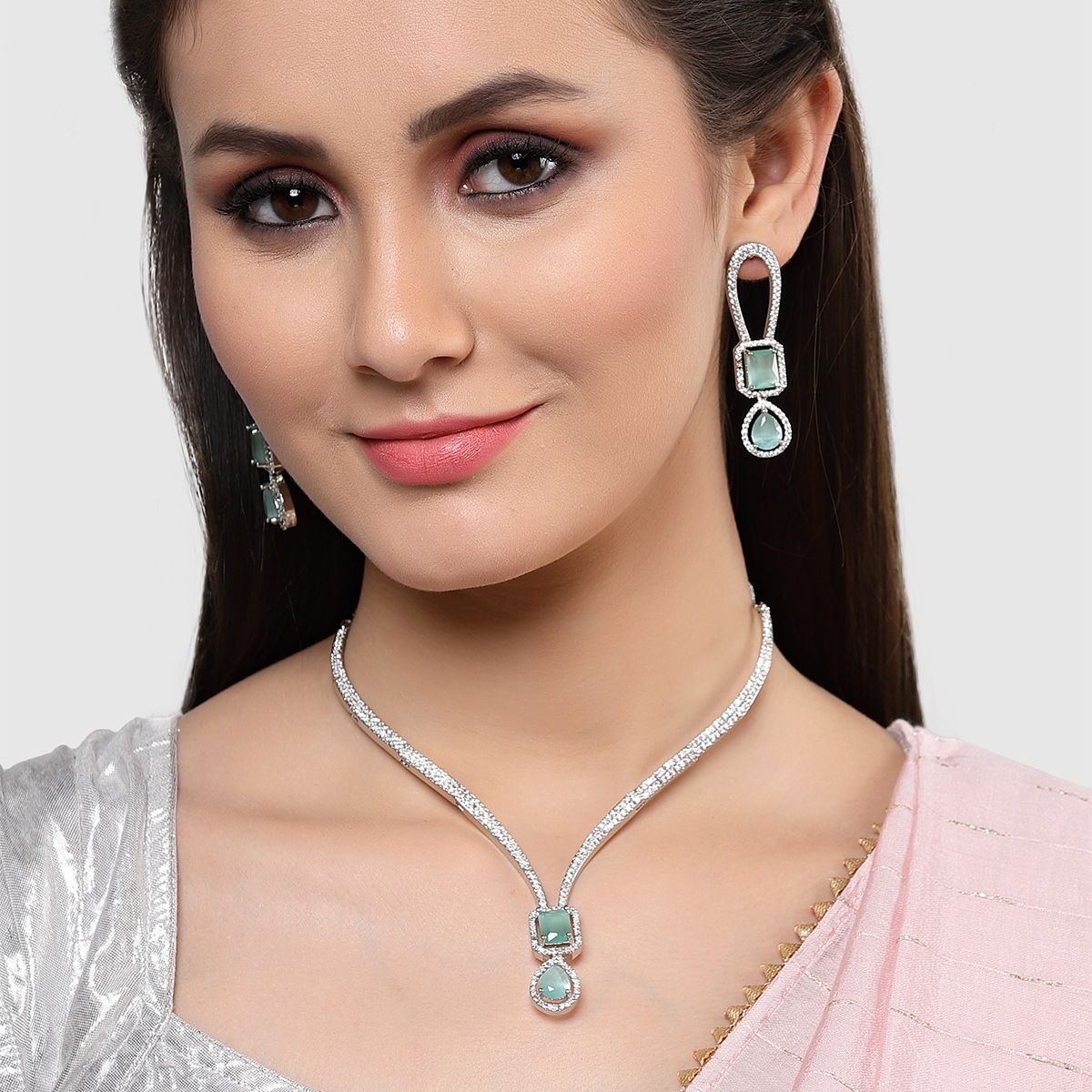 Buy ZENEME Silvertoned Lime Green AD stonestudded Intricated AD Textured  detailing Jewellery Set for Women Online at Best Prices in India  JioMart