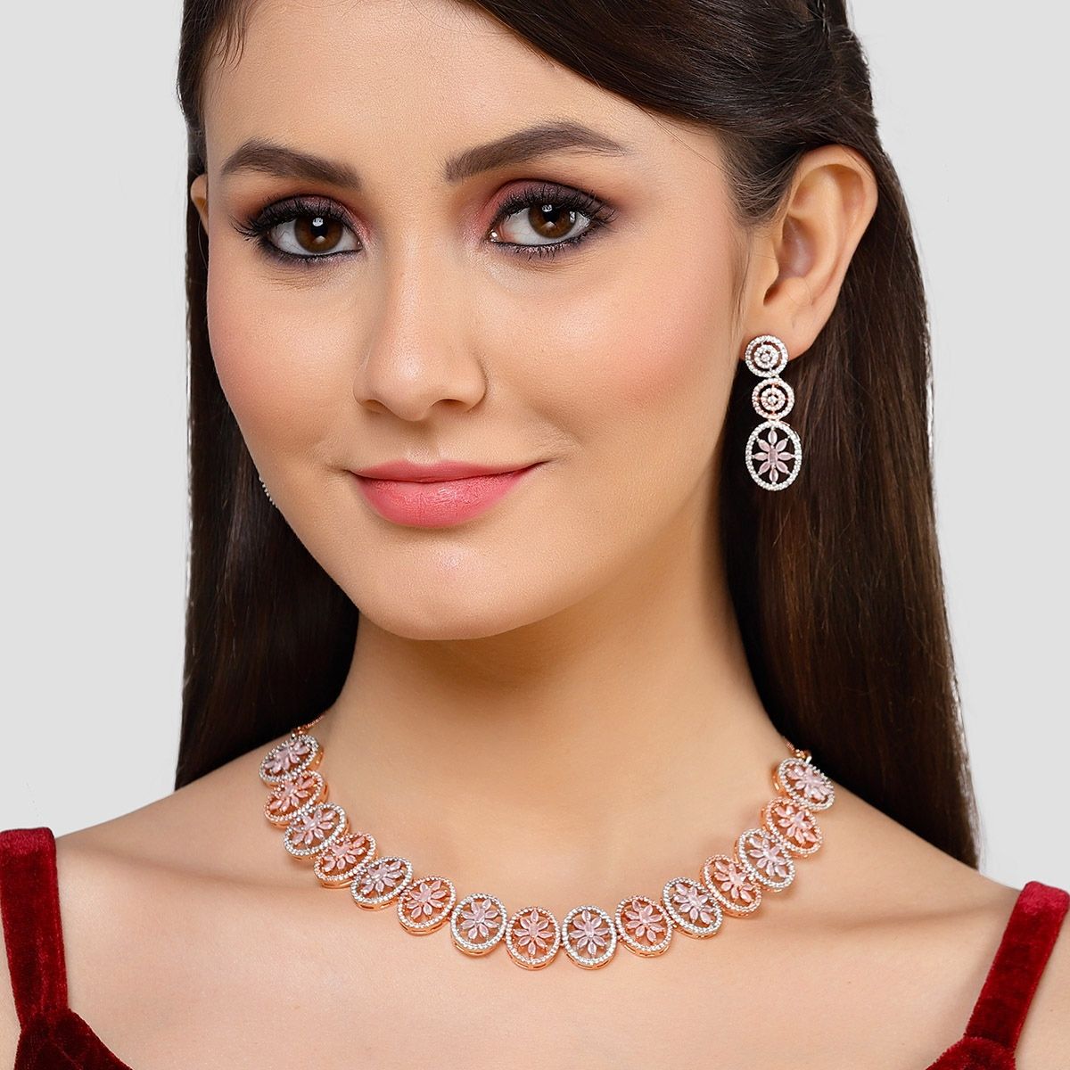 Rose Gold American Diamond Necklace Set Pink CZ Diamond 