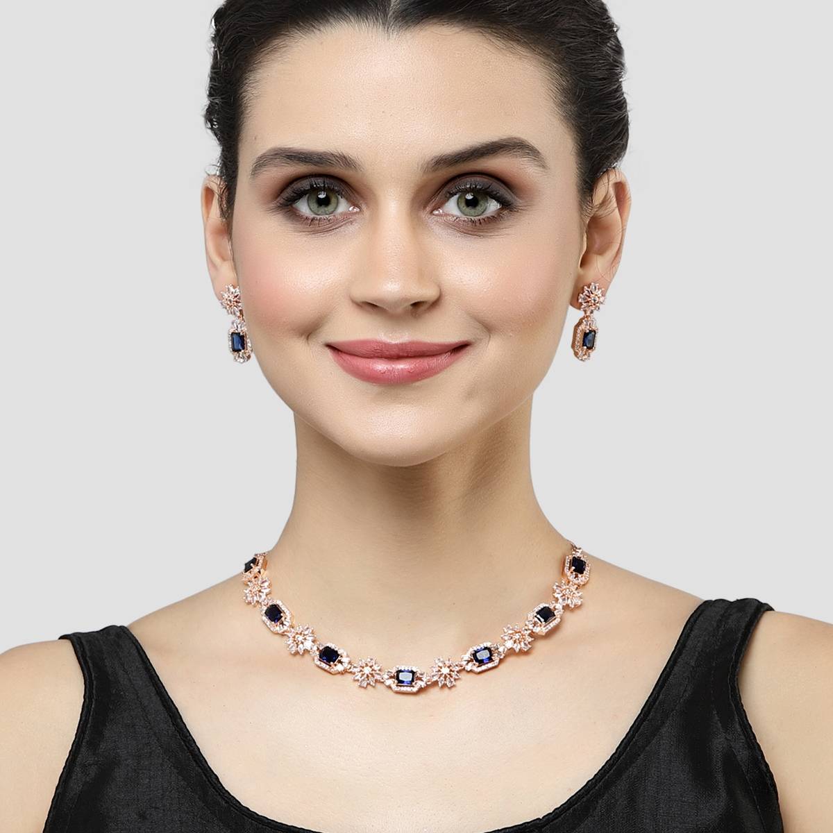 Karatcart Rose Gold Plated Blue Cubic Zirconia Studded Necklace Set
