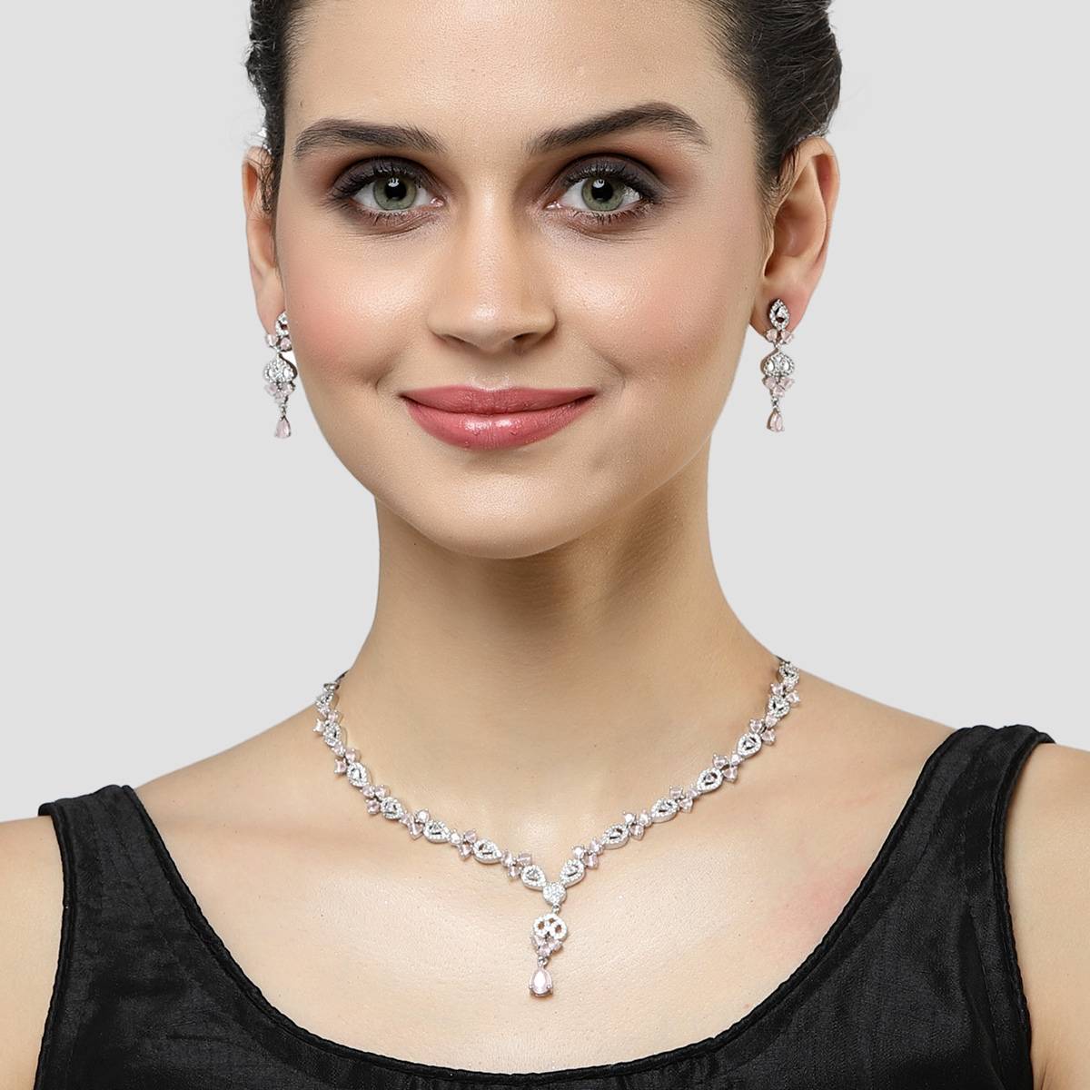 Karatcart Silver Plated Pink Cubic Zirconia Studded Necklace Set