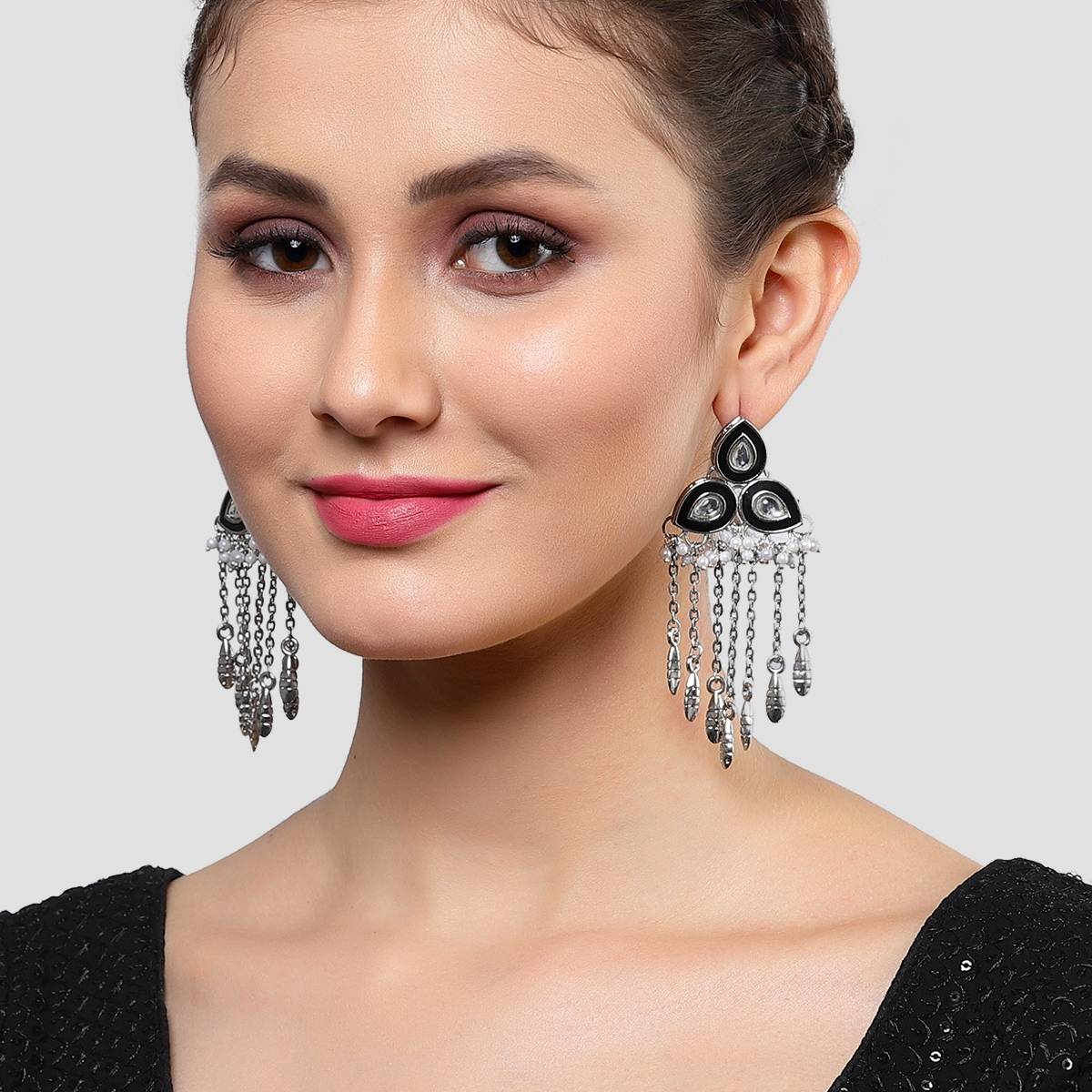 Karatcart Oxidised Silver Black Meenakari Kundan Dangler Earrings for Women