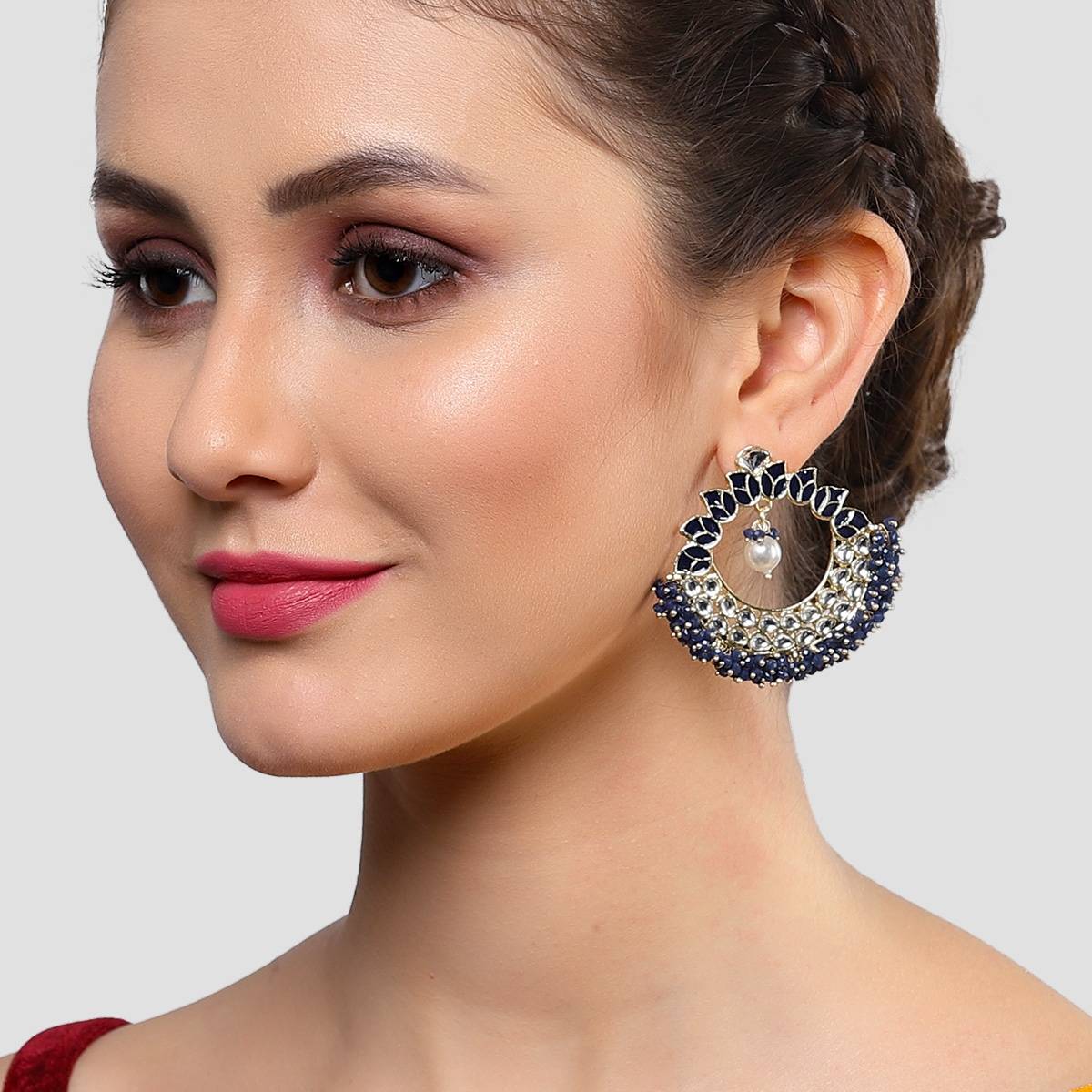Karatcart Gold Plated Navy Blue Meenakari and Crystal Studded Kundan Hoop Earrings for Women