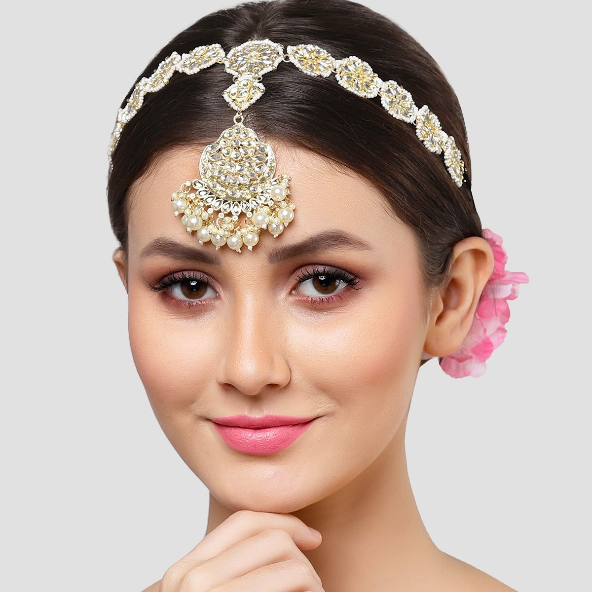 Karatcart Gold Plated Pearl Studded Kundan Sheesh Phool For Women Buy Karatcart Gold Plated