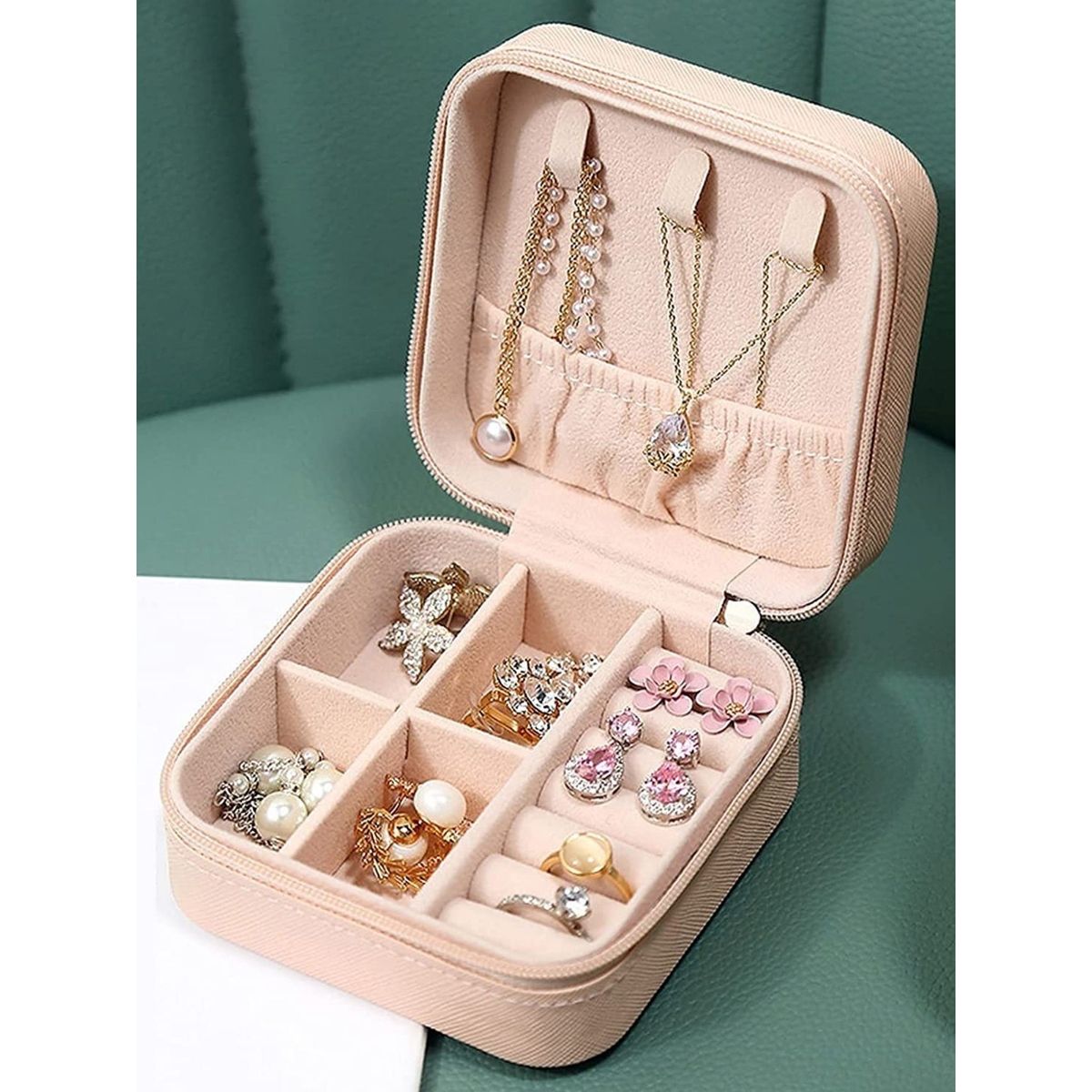Estele Jewellery Organiser Box Leather Zipper Lock Portable Pink Jewellery Storage Box