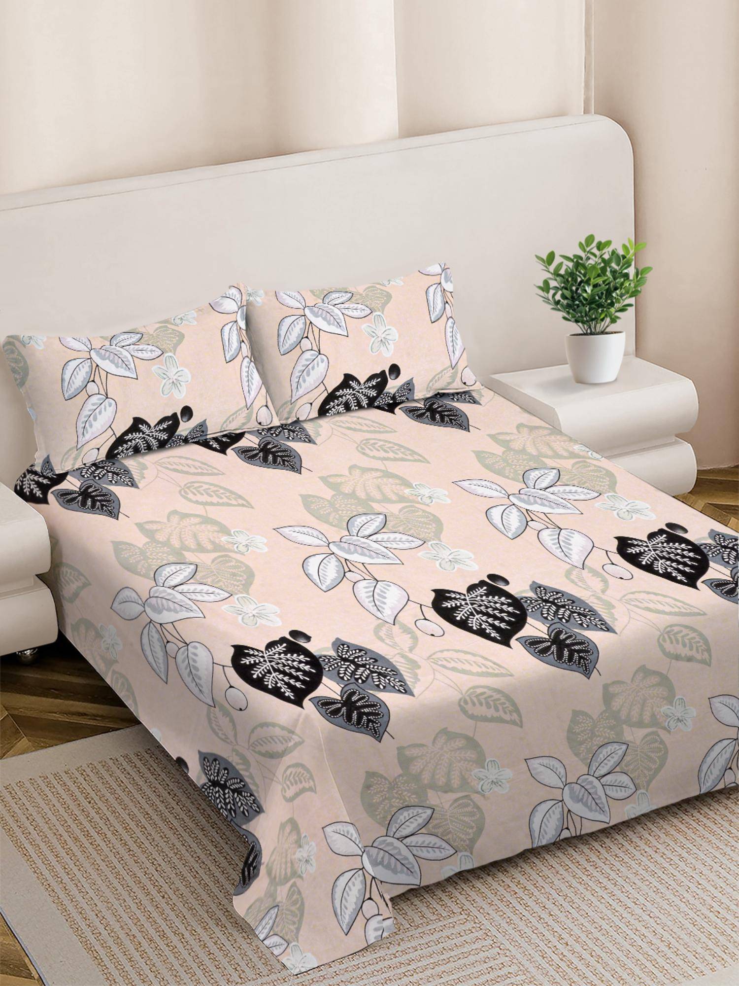 FABINALIV Multicolour Floral 300 TC Cotton Blend Super King Bedsheet with 2 Pillow Covers