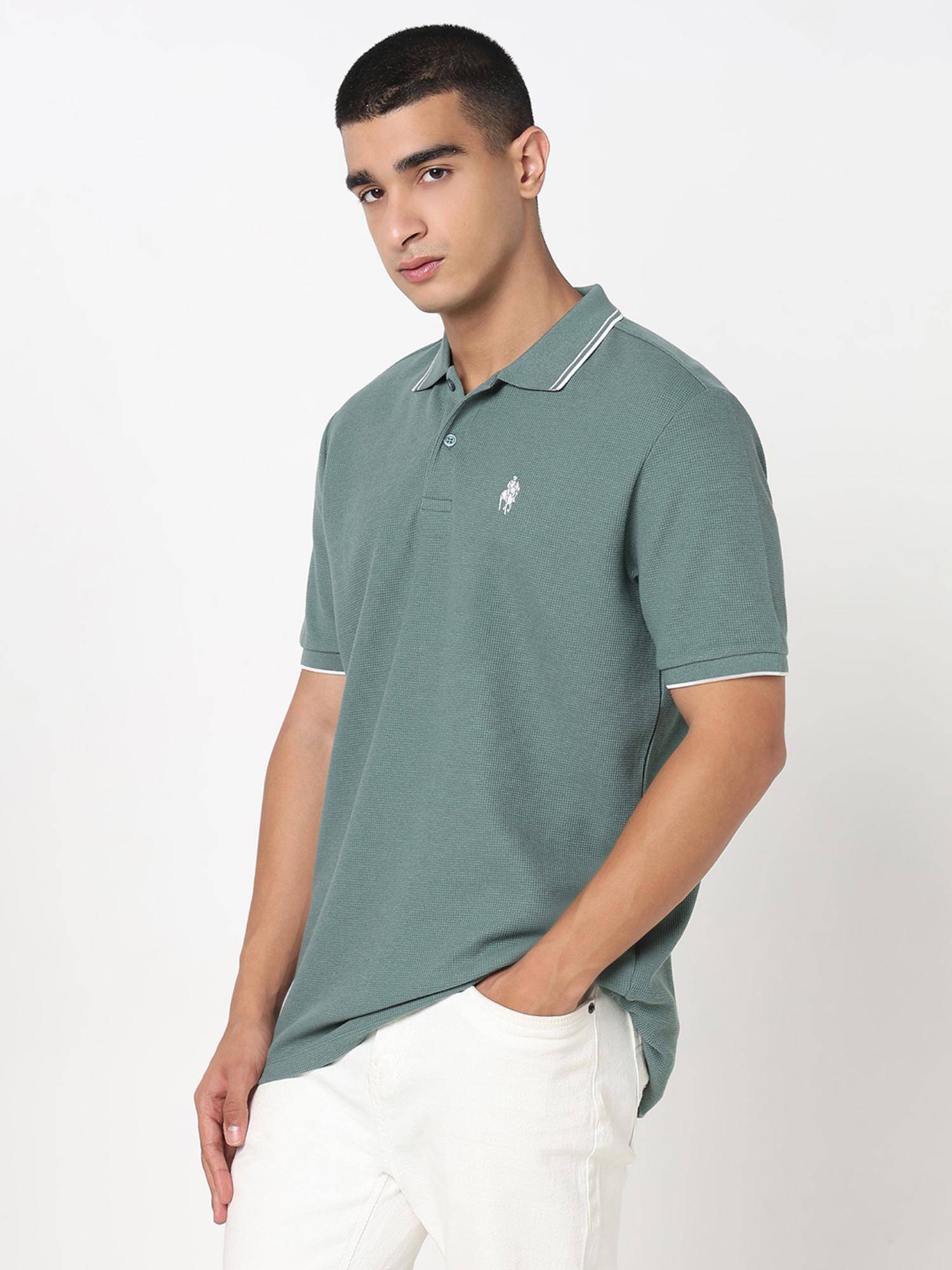Buy R&B Men Green Dobby Slim Fit Polo T-Shirt Online