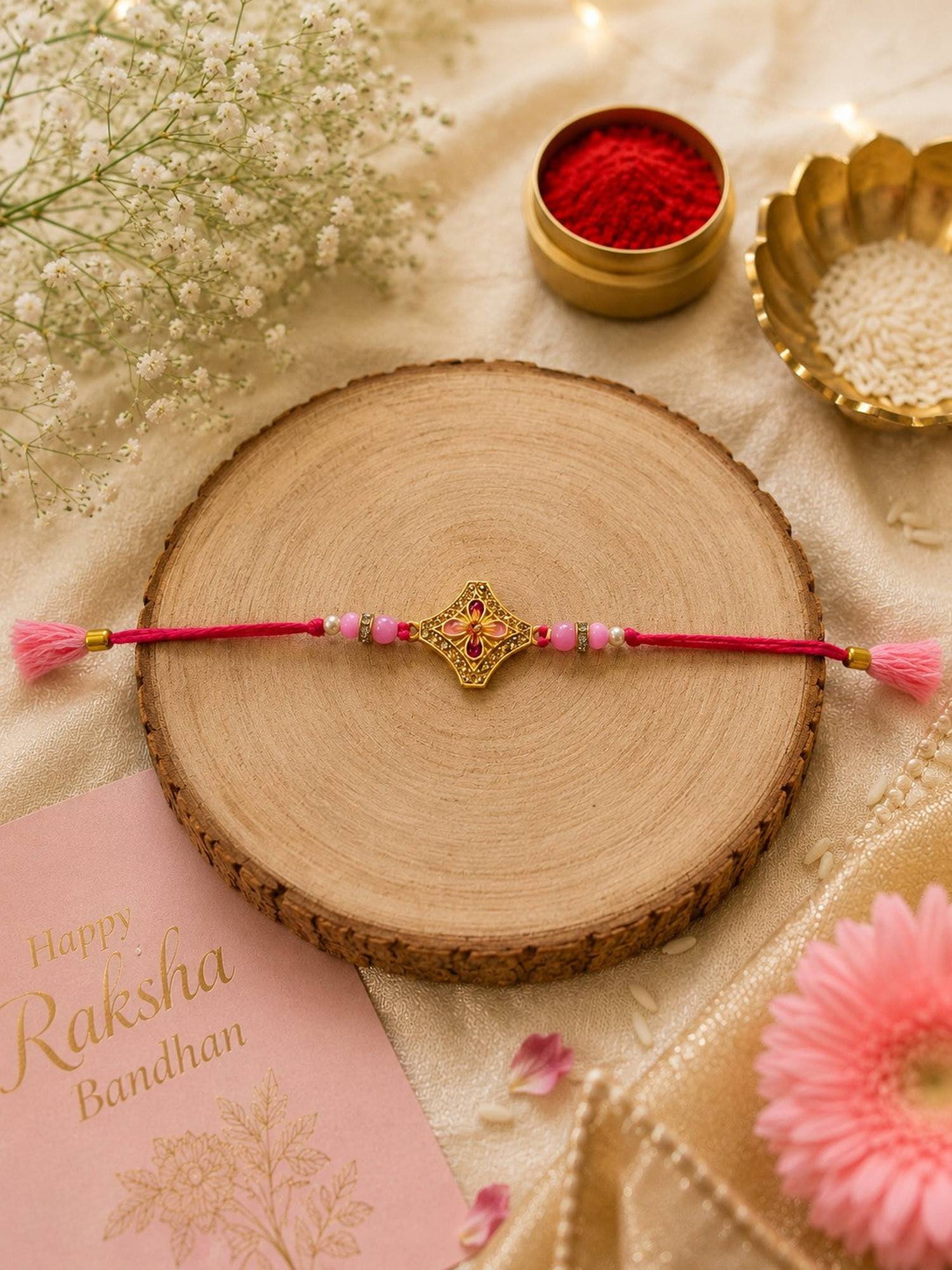 REENISAA Blush Blossom Handmade Rakhi with Floral Enamel Motif and Pink Beads