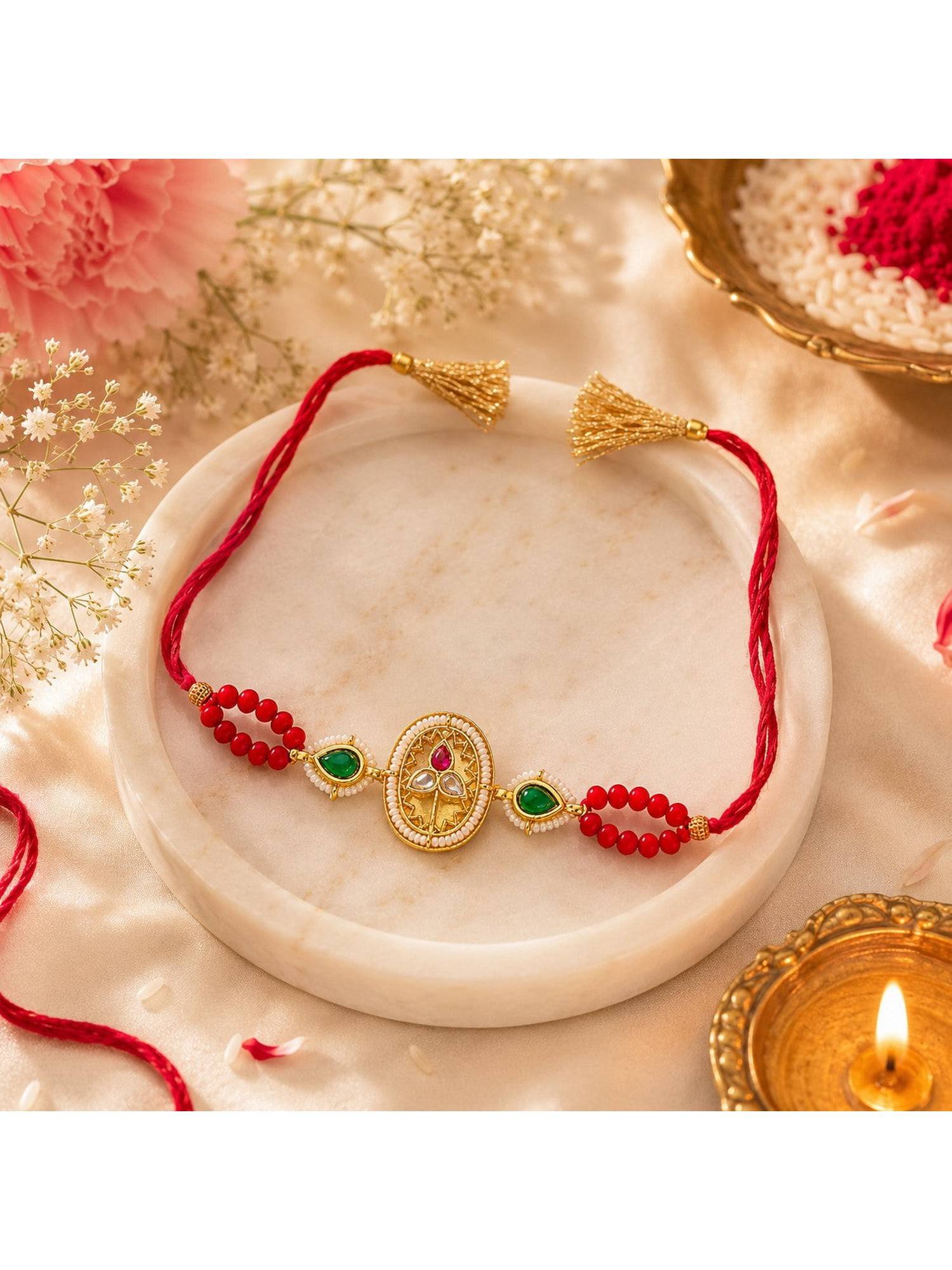 REENISAA Royal Heritage Kundan Rakhi with Emerald Accents and Coral Beads