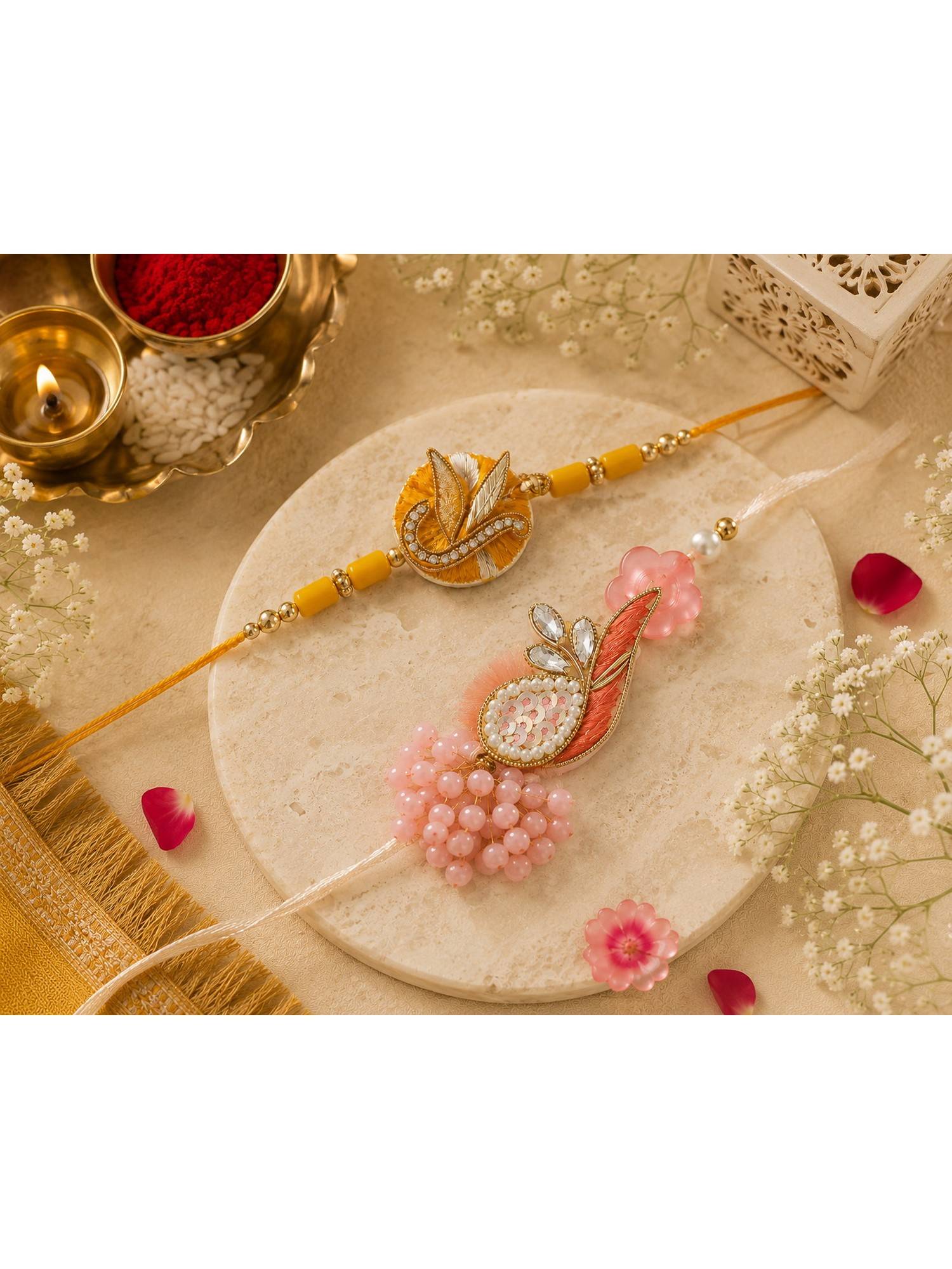 REENISAA Designer Blush Feather and Golden Leaf Handcrafted Rakhi
