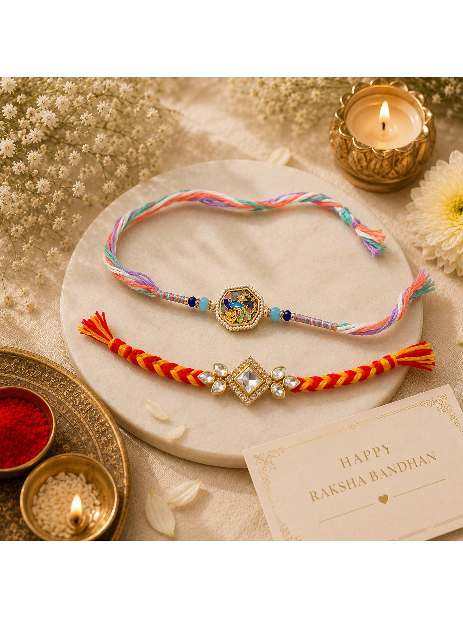 REENISAA Designer Set of Peacock Enamel and Kundan Stone Rakhi