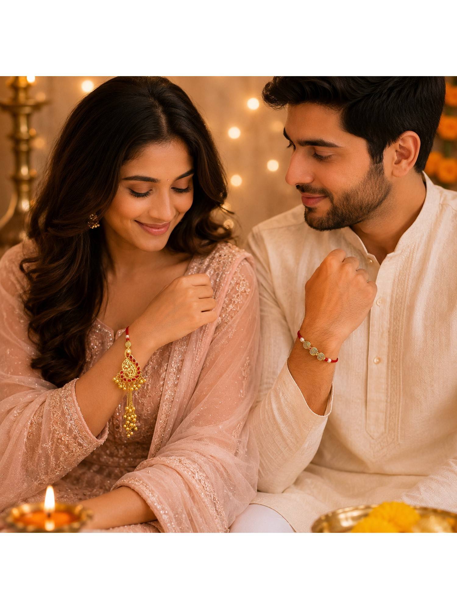 REENISAA Om Bhaiya Bhabhi Red Kundan Lumba and Traditional Designer Rakhi Set