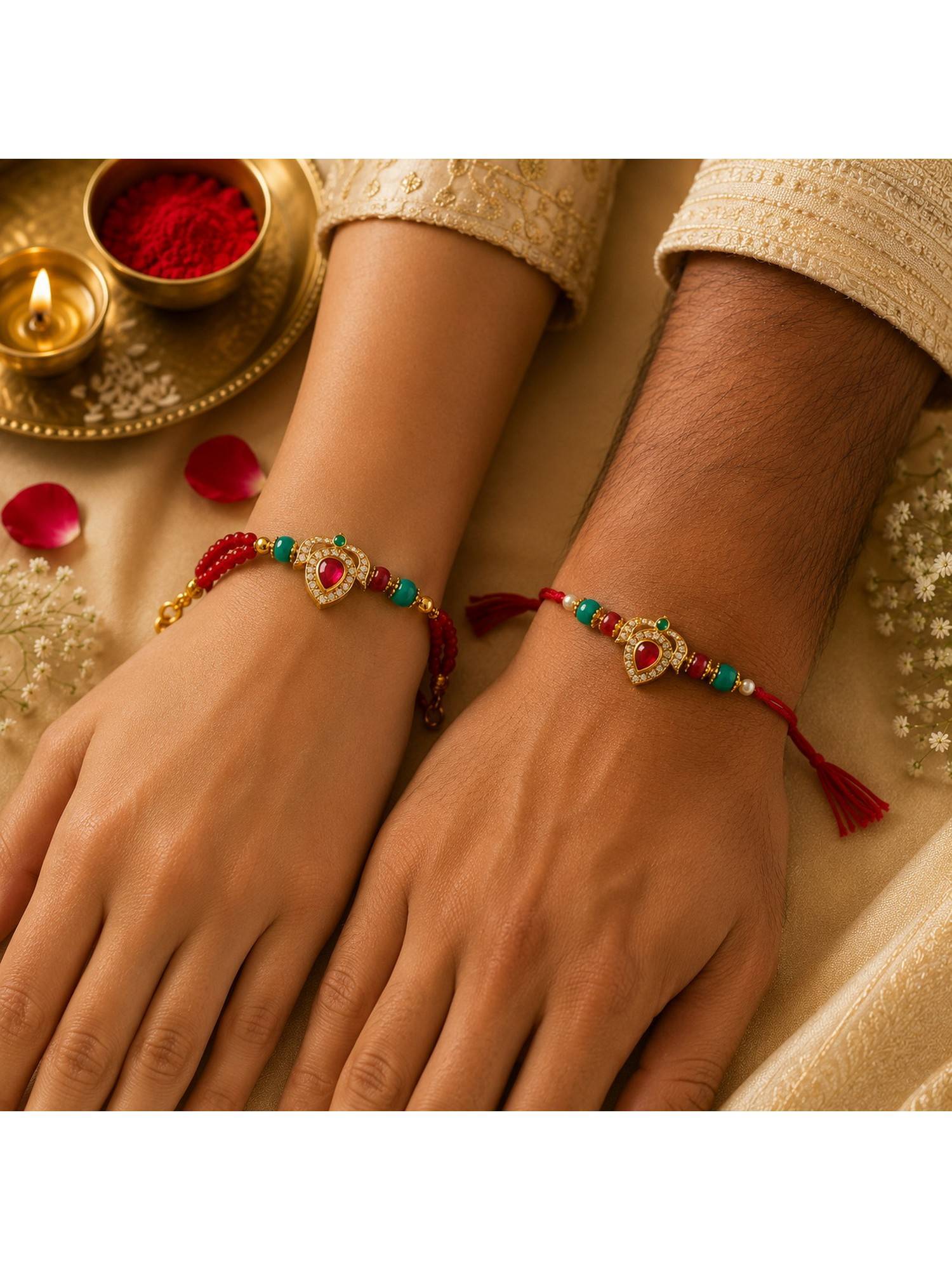 REENISAA Ruby Teardrop Bhai Bhabhi Rakhi with Crystal Beads and Lumba