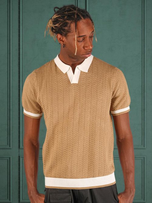 BOTABOCHI Brown Mens Contrast Collar Knit Half Sleeve Polo T-Shirt