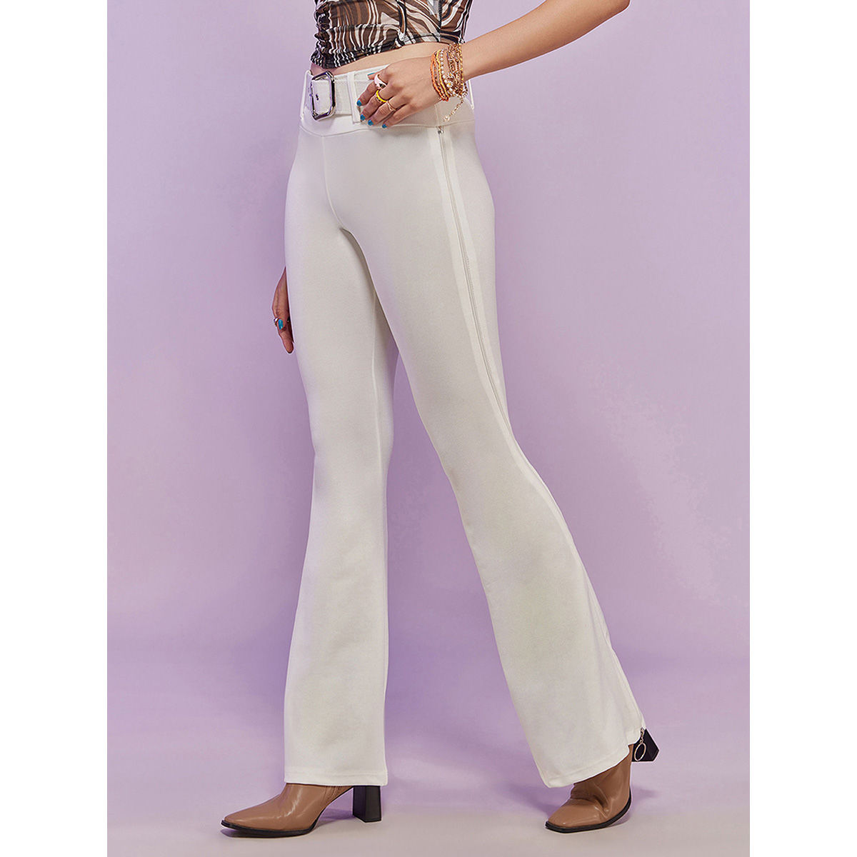 Buy FONMA Women Button Strap Pants Trousers Bell Bottom Pants High Waist  Zipper Jeans XXLarge White at Amazonin