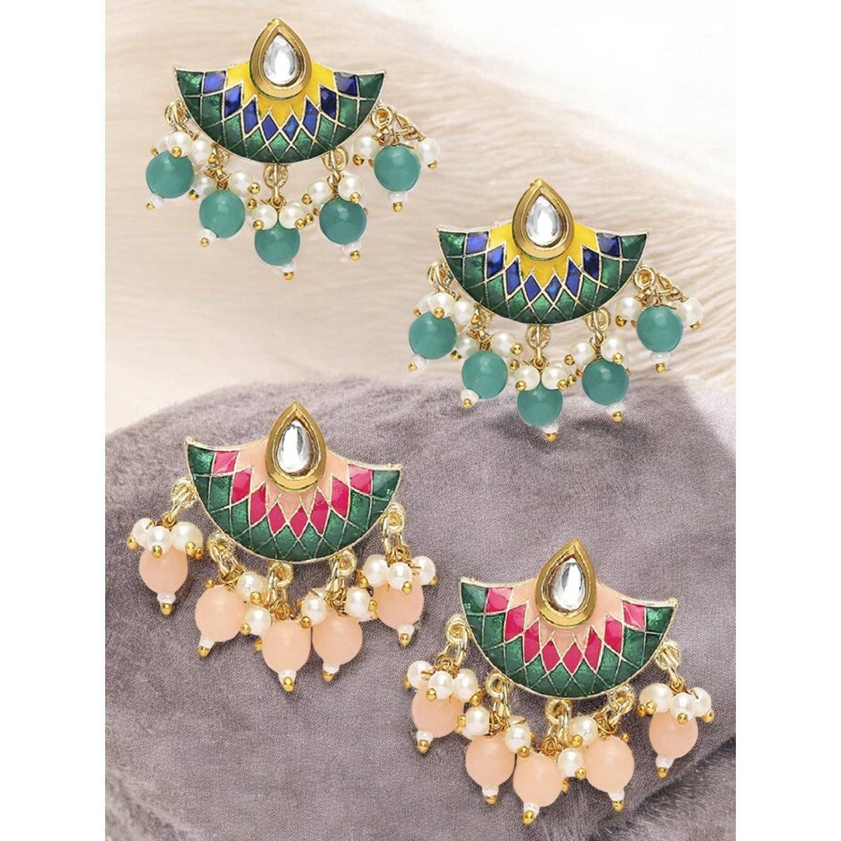 OOMPH Combo Of 2 Meenakari Ethnic Drop Earrings - Green and Peach Pink Floral