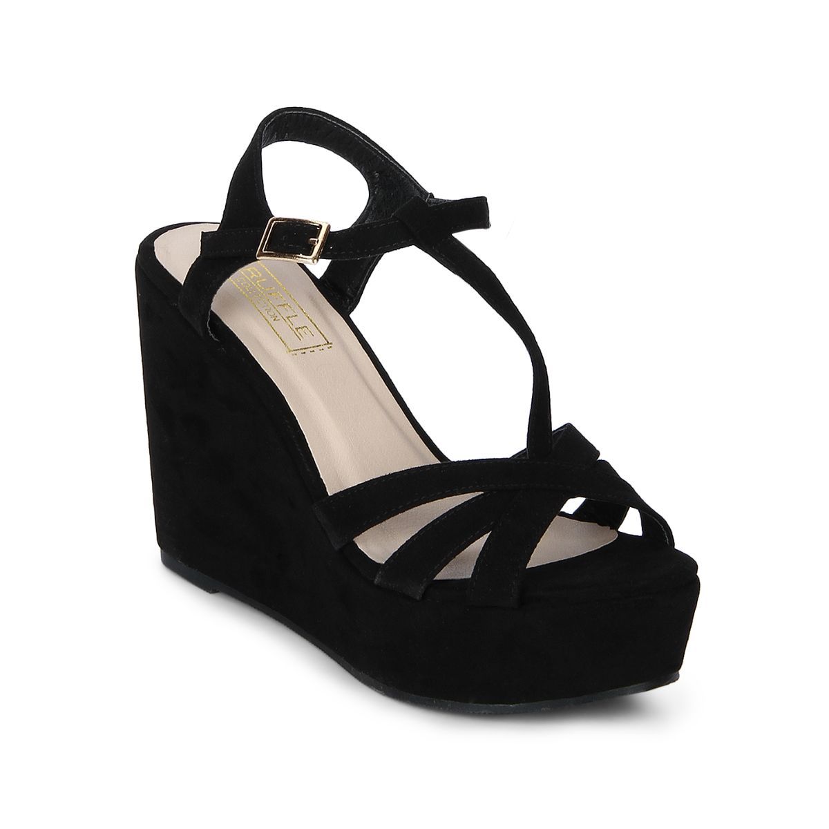 Black suede 2024 peep toe wedges