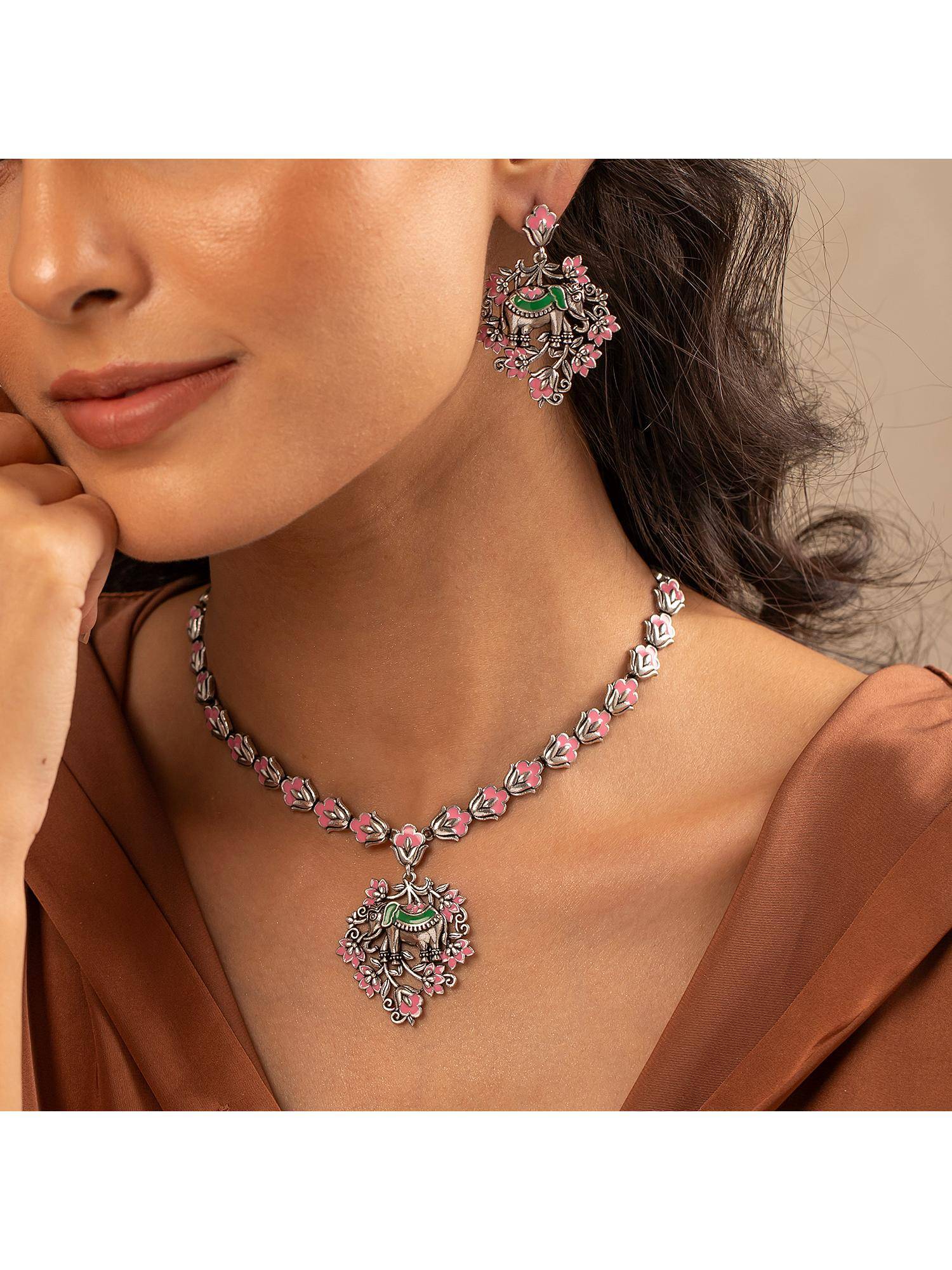Voylla Madhubani Gajraj Garden Oxidised Enamel Necklace Set
