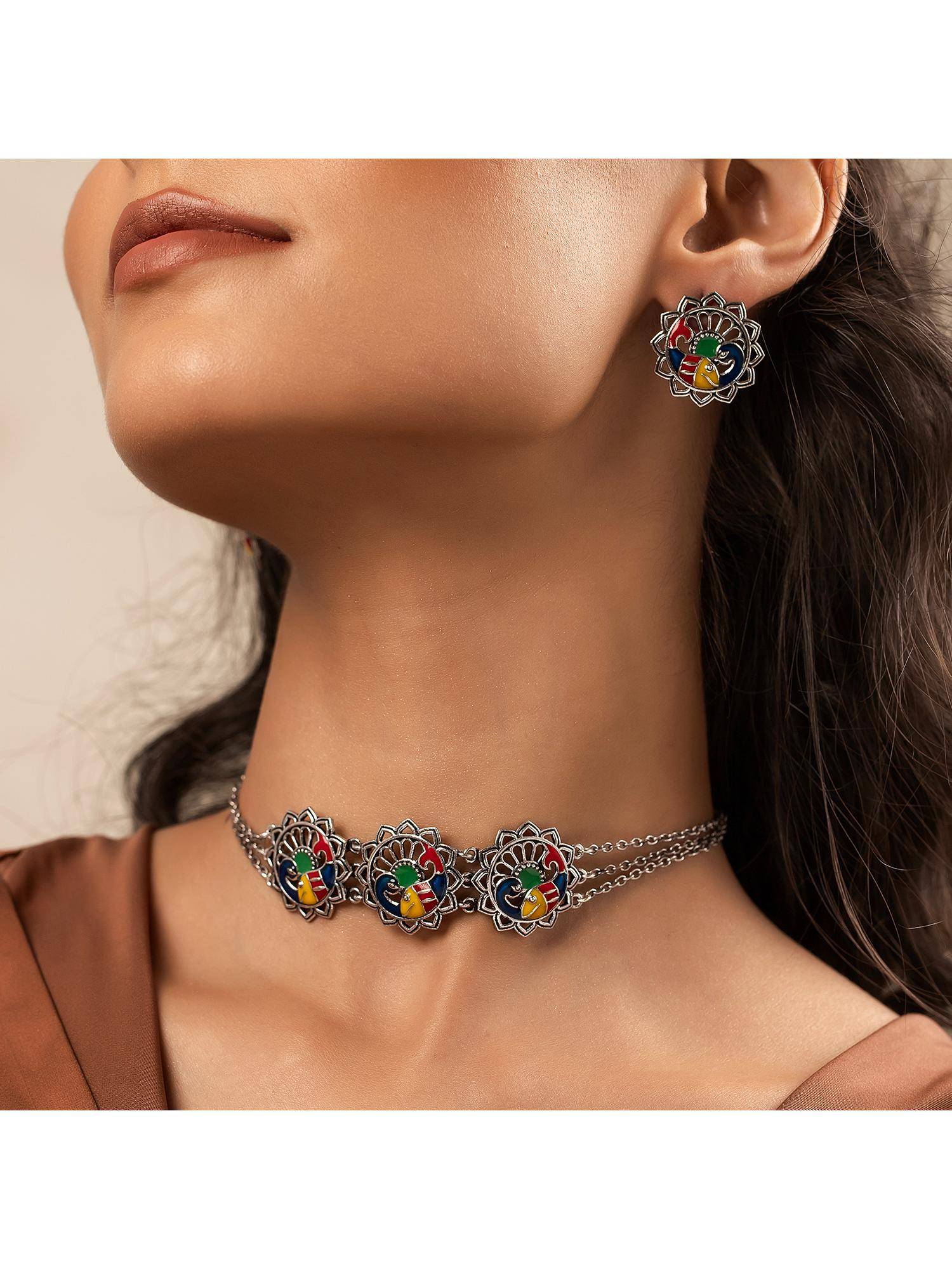 Voylla Madhubani Matsya Mayur Oxidised Enamel Choker Necklace Set