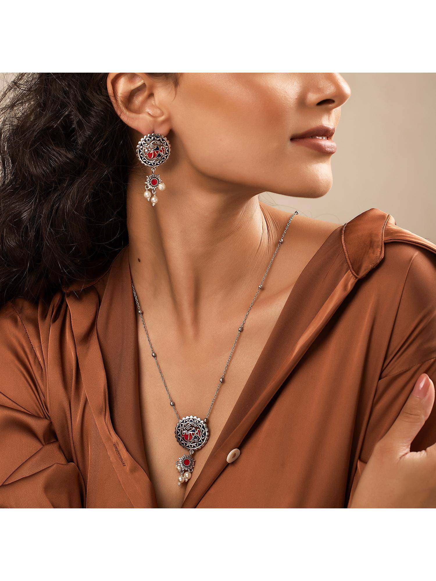 Voylla Madhubani Pakhi Phool Oxidised Enamel Neacklace Set
