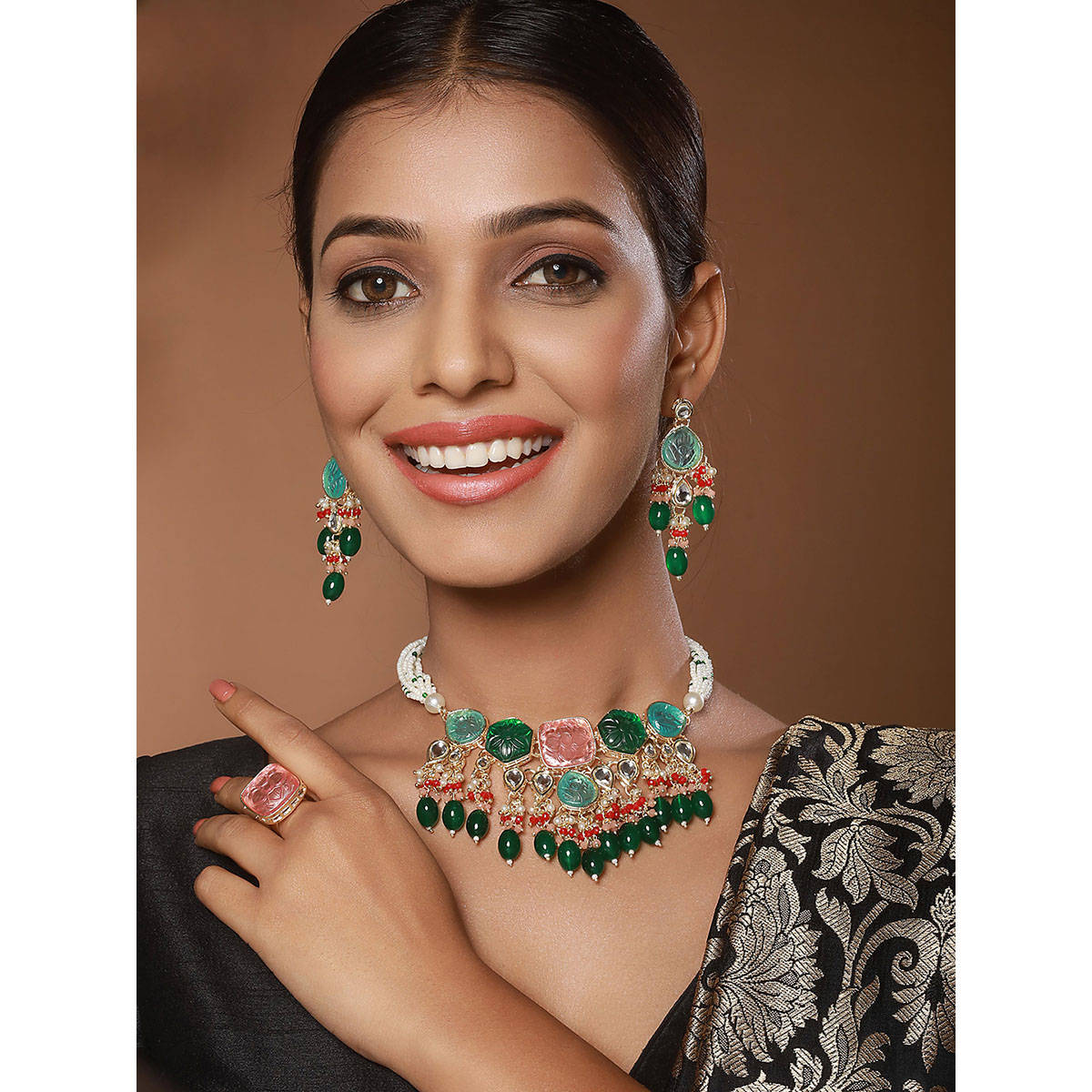 Aatmana Green-Plated Stones-Studded and Beaded Jewellery Set