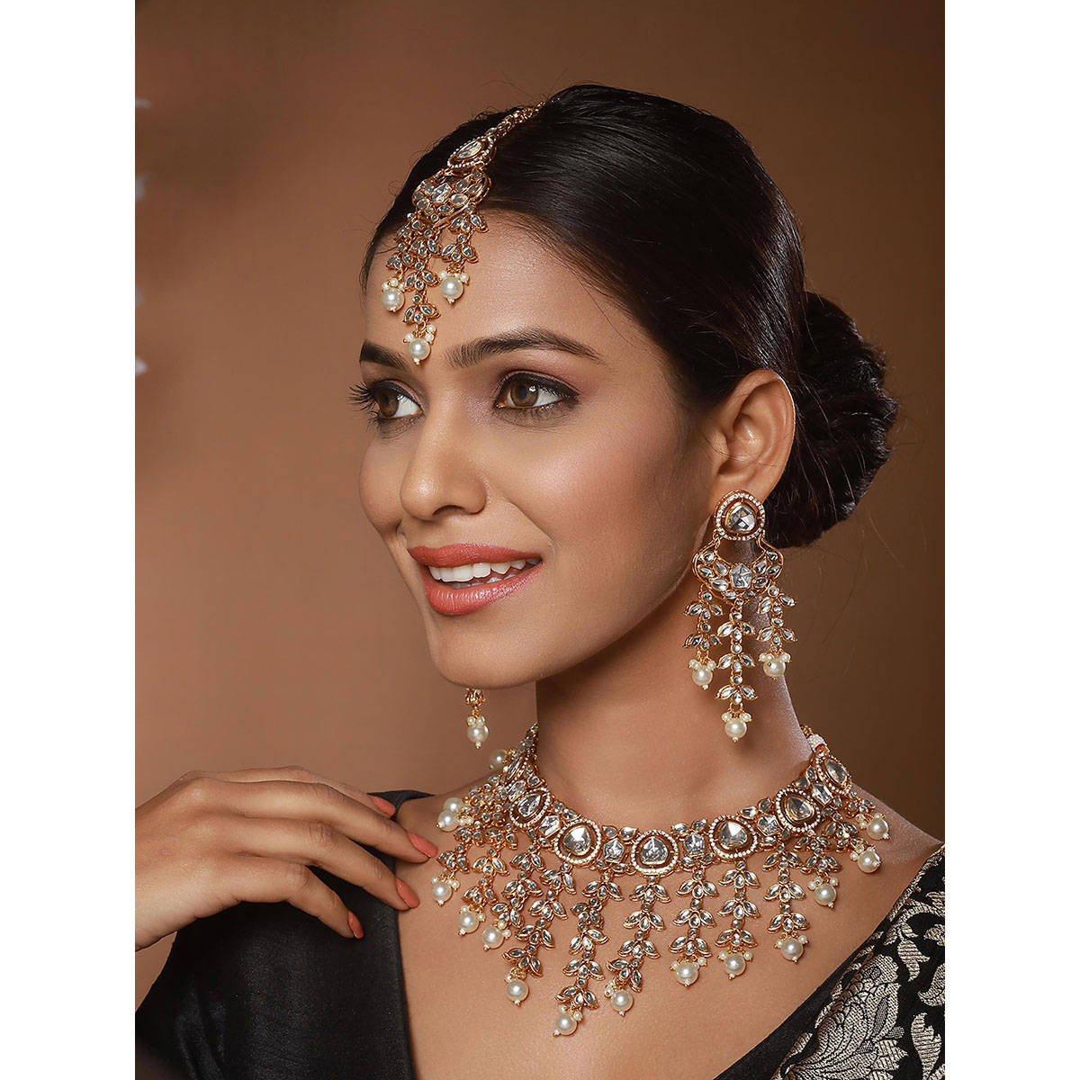 Aatmana Gold Plated Zircon Stone Studded and Pearl Beaded Jewellery Set