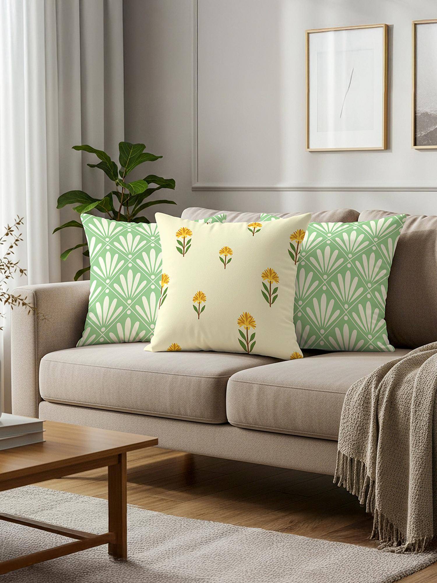 Urban Space Printed Cotton Cushion Covers (Pack of 3) - Amaya Aster Yellow (16 x 16 inches)
