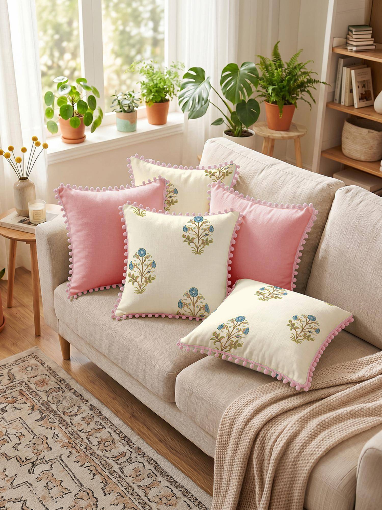 Urban Space Metallic Foil Printed Cotton Cushion Covers (Pack of 5) Zari Blue Pink (16 x 16 inches)