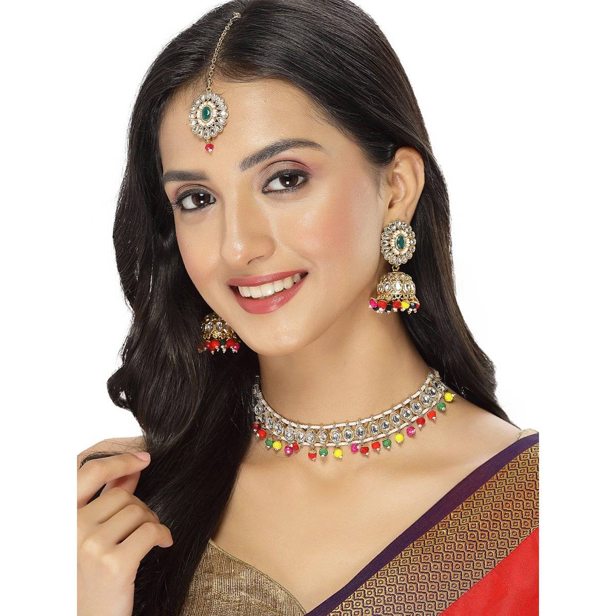 Sukkhi Gold Plated Multicolor Kundan Beads Choker Necklace Jhumki Earring Maangtika