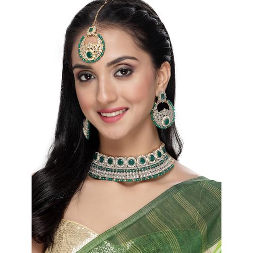 Sukkhi Gold Plated Green Kundan Beads Choker Necklace Earring Maangtika