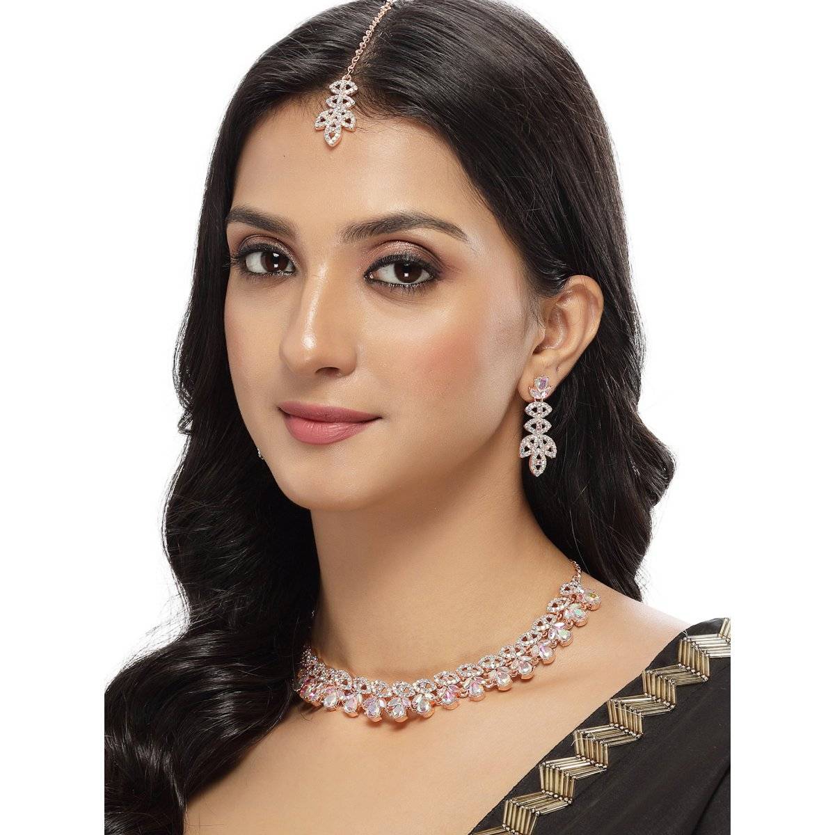 Sukkhi Lovely Rose Gold Plated Rainbow Stone Collar Bone Necklace & Earring Maangtika