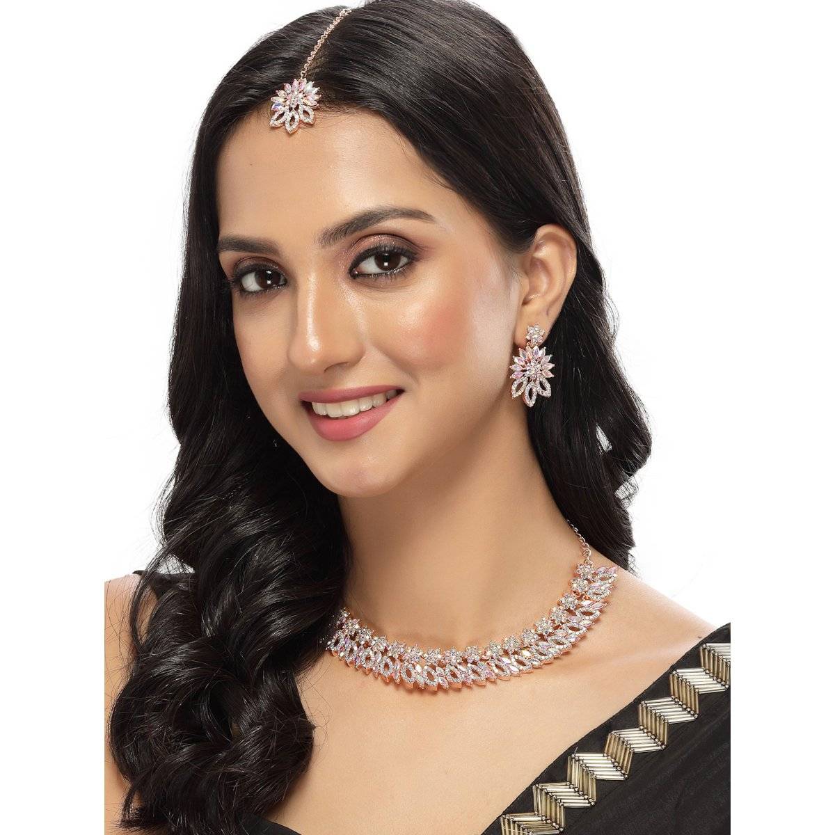 Sukkhi Floral Rose Gold Plated Rainbow Collar Bone Necklace with Earring & Maangtika