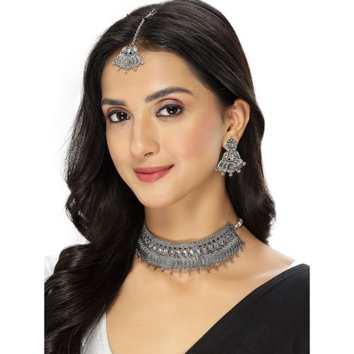 Sukkhi Eye-Catchy Oxidised Silver Plated Choker Necklace with Earring