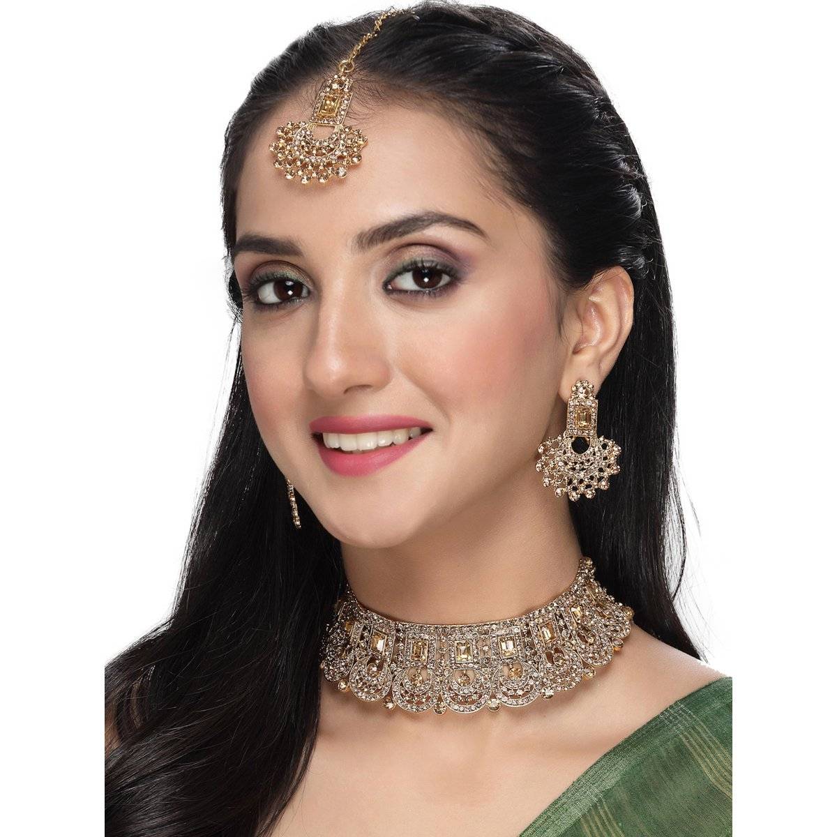Sukkhi Graceful Curve Shaped Gold Plated Golden Choker Necklace & Earring Maangtika