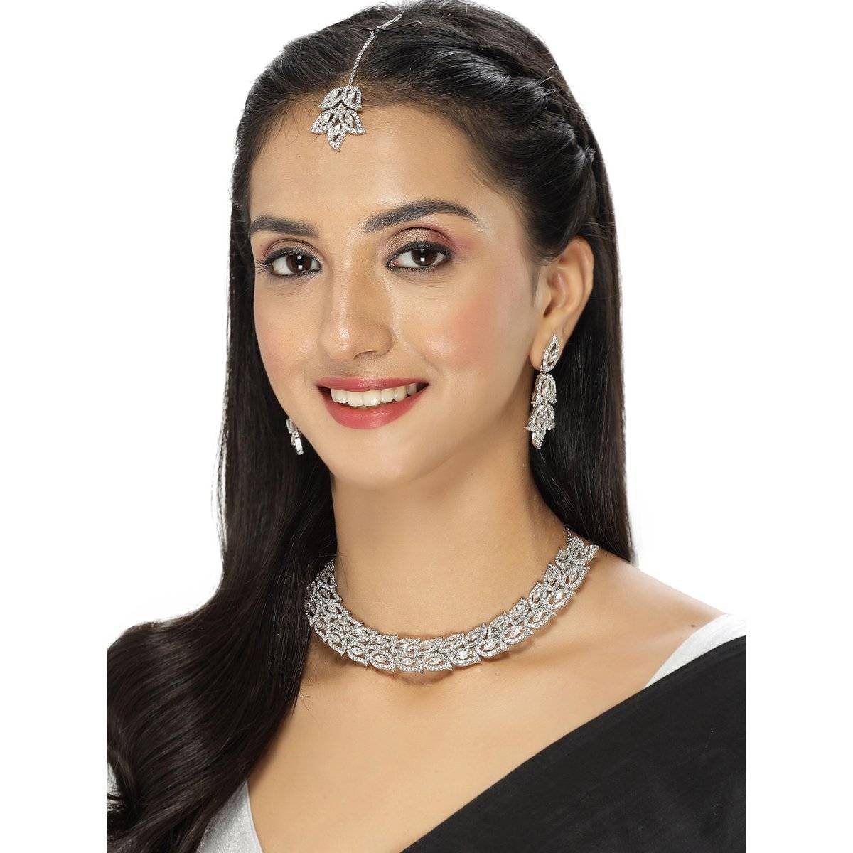Sukkhi Rhodium Plated AD White Stone Collar Bone Necklace Earring Maangtika