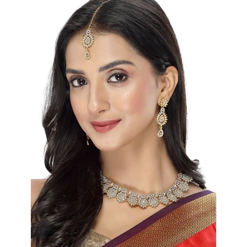 Sukkhi Eye-Catching Gold Plated AD Stone Collar Bone Necklace with Earring  Maangtika
