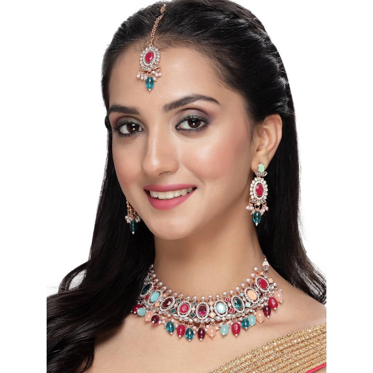 Sukkhi Gold Plated Multicolor Drop Beads Collar Bone Necklace Earring Maangtika