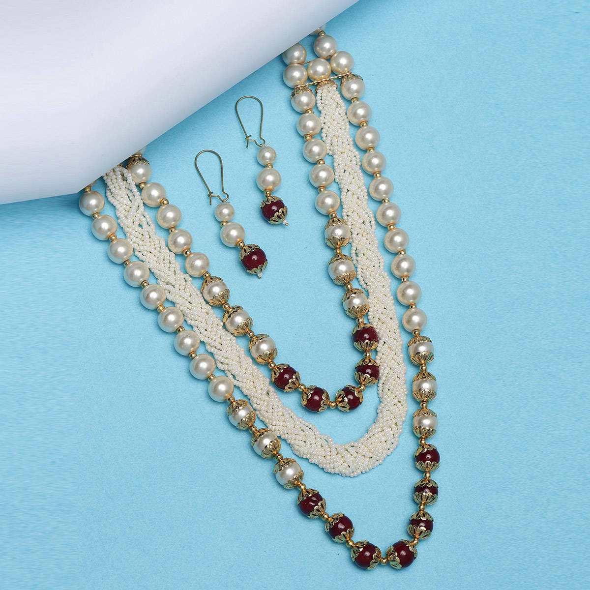 PANASH Gold-Plated Maroon White Pearl Beaded Handcrafted Jewellery Set