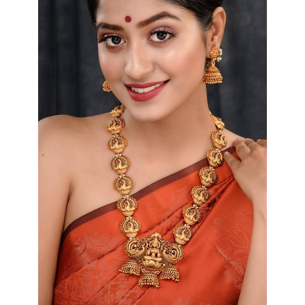 Saraf RS Jewellery Gold Plated Exquisite Lakshmi Design Haram Temple with Jhumki Earrings (Set of 2)